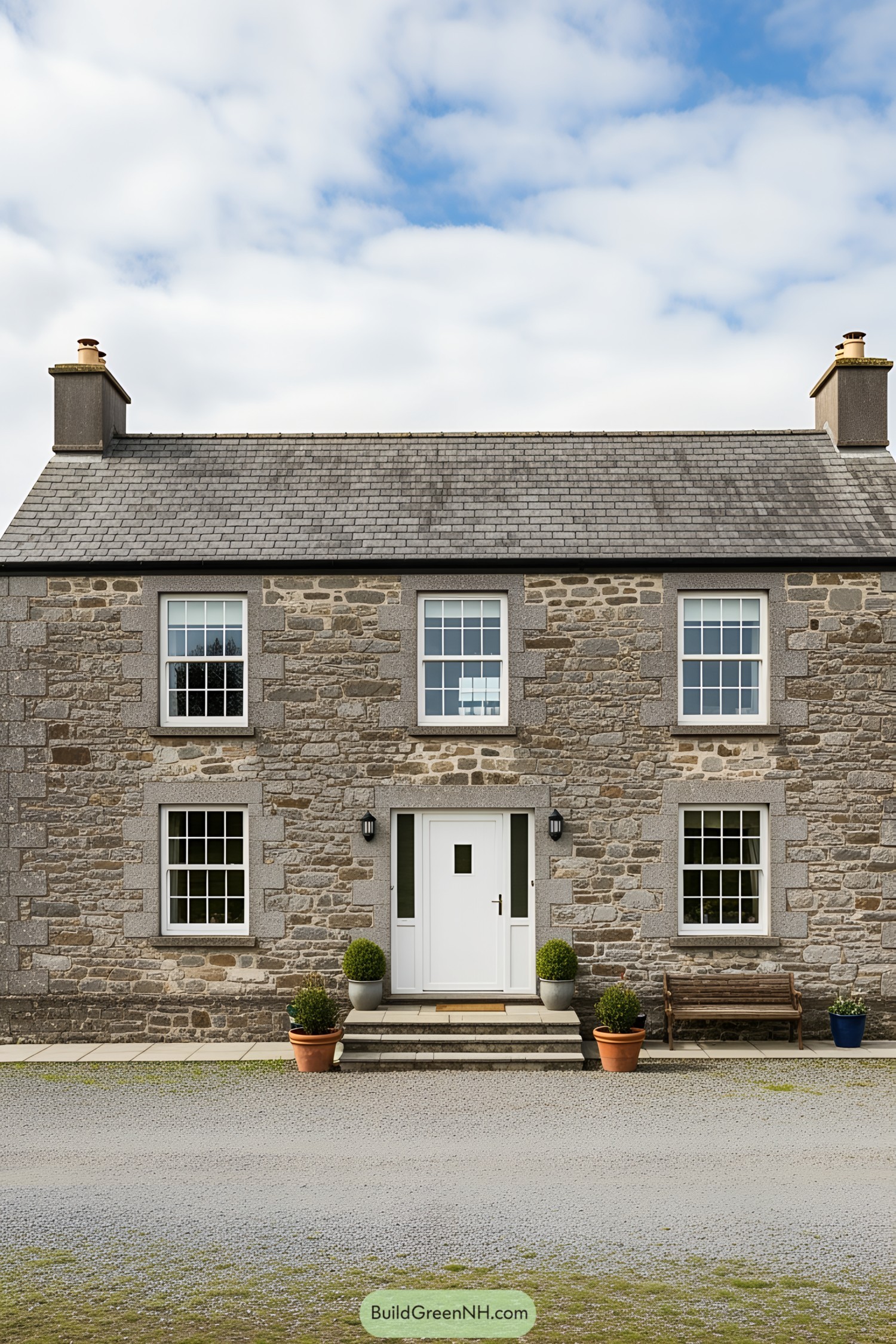 Cozy stone farmhouse with a white door