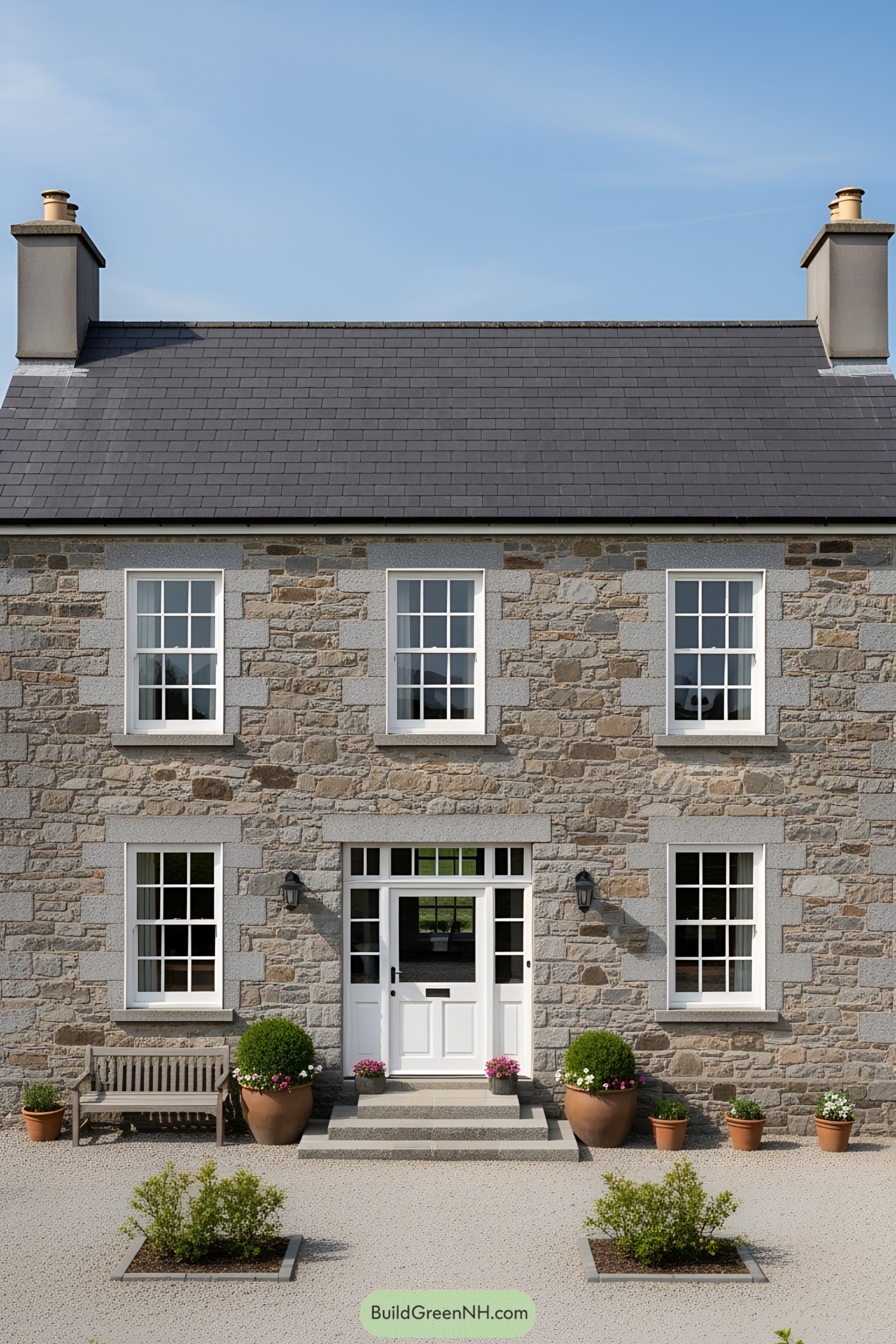 Classic stone farmhouse with symmetrical windows and slate roof