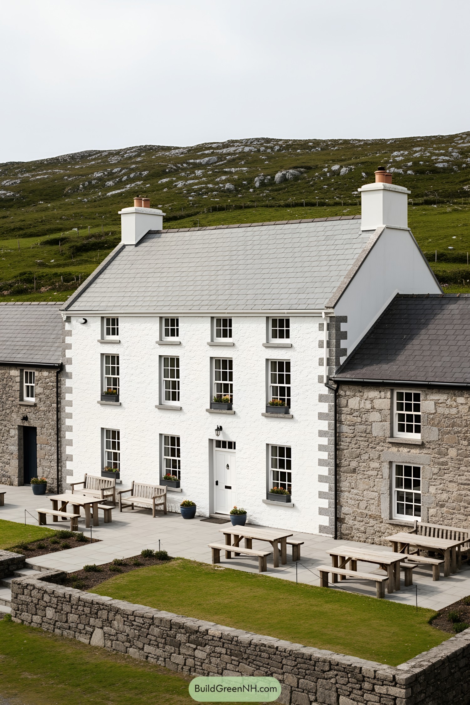 Whitewashed farmhouse with stone walls and wooden benches