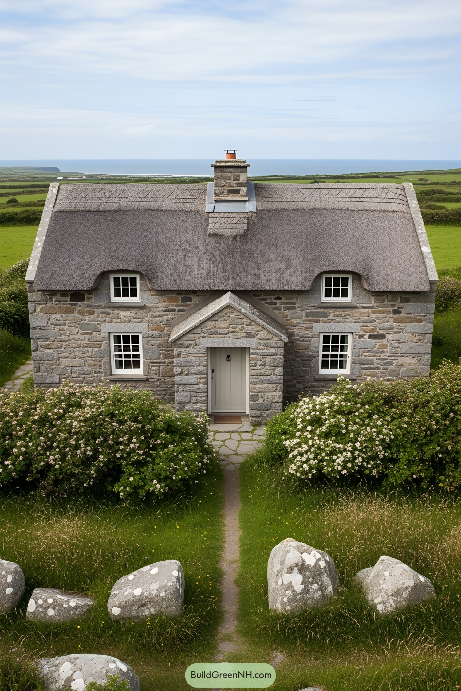 Cozy stone farmhouse surrounded by green fields