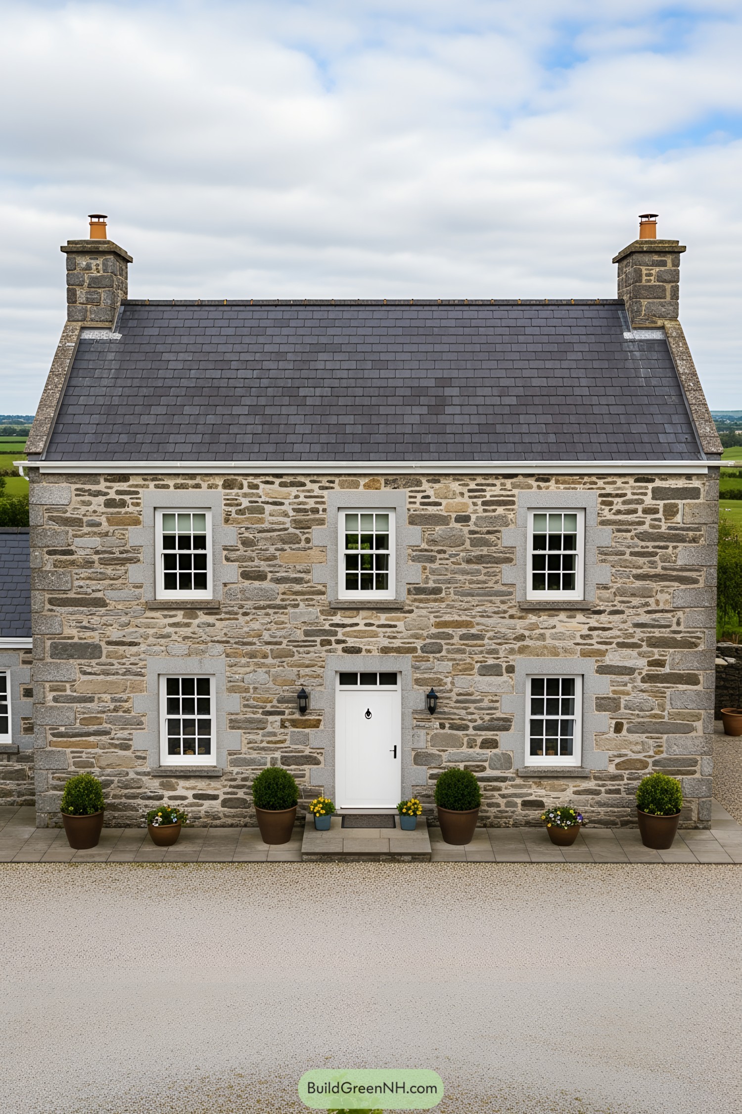 Traditional Irish farmhouse with stone facade and slate roof