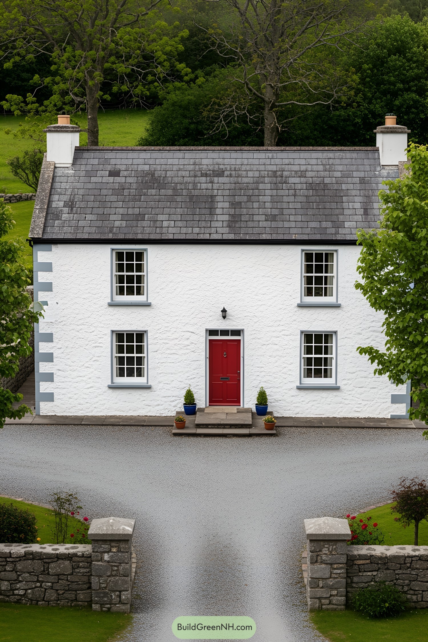 Charming white farmhouse with a red door and lush green surroundings