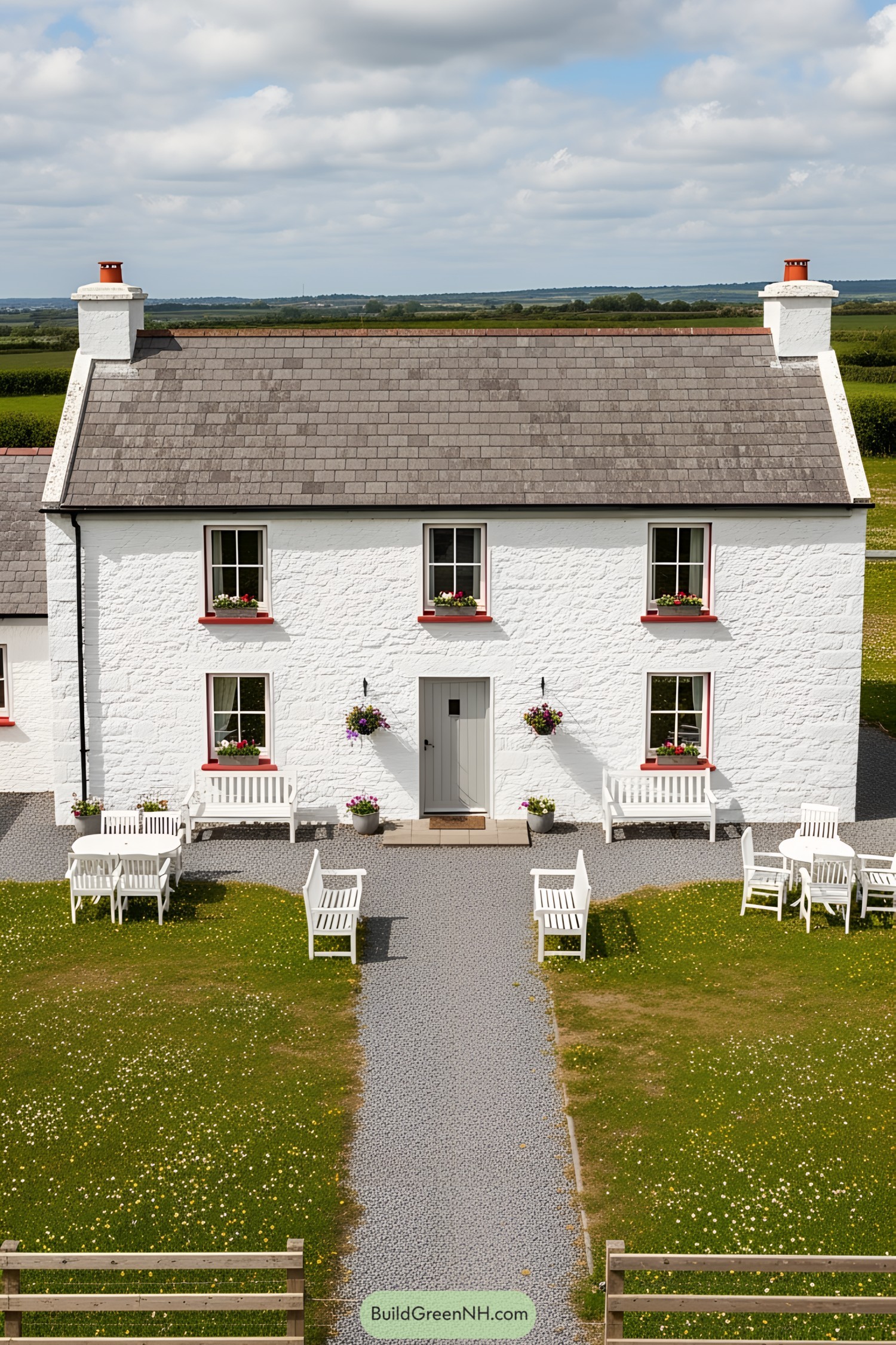 White stone farmhouse with red-trimmed windows and charming patio
