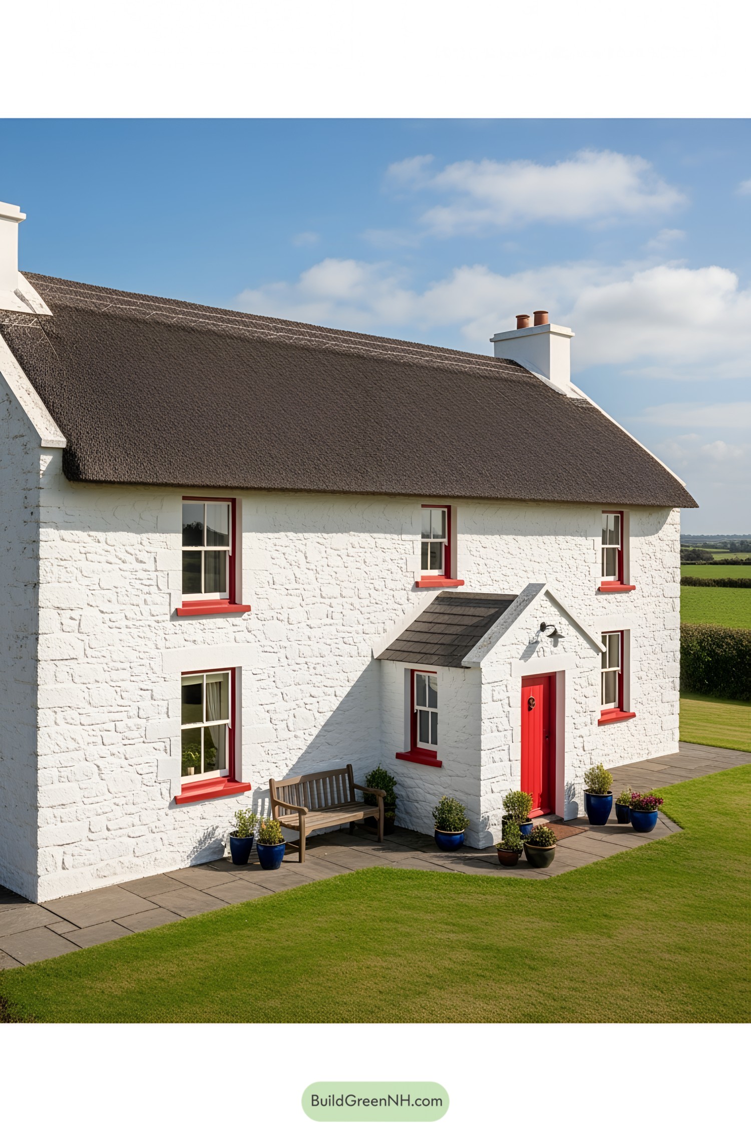 Classic stone farmhouse with red accents and a thatched roof