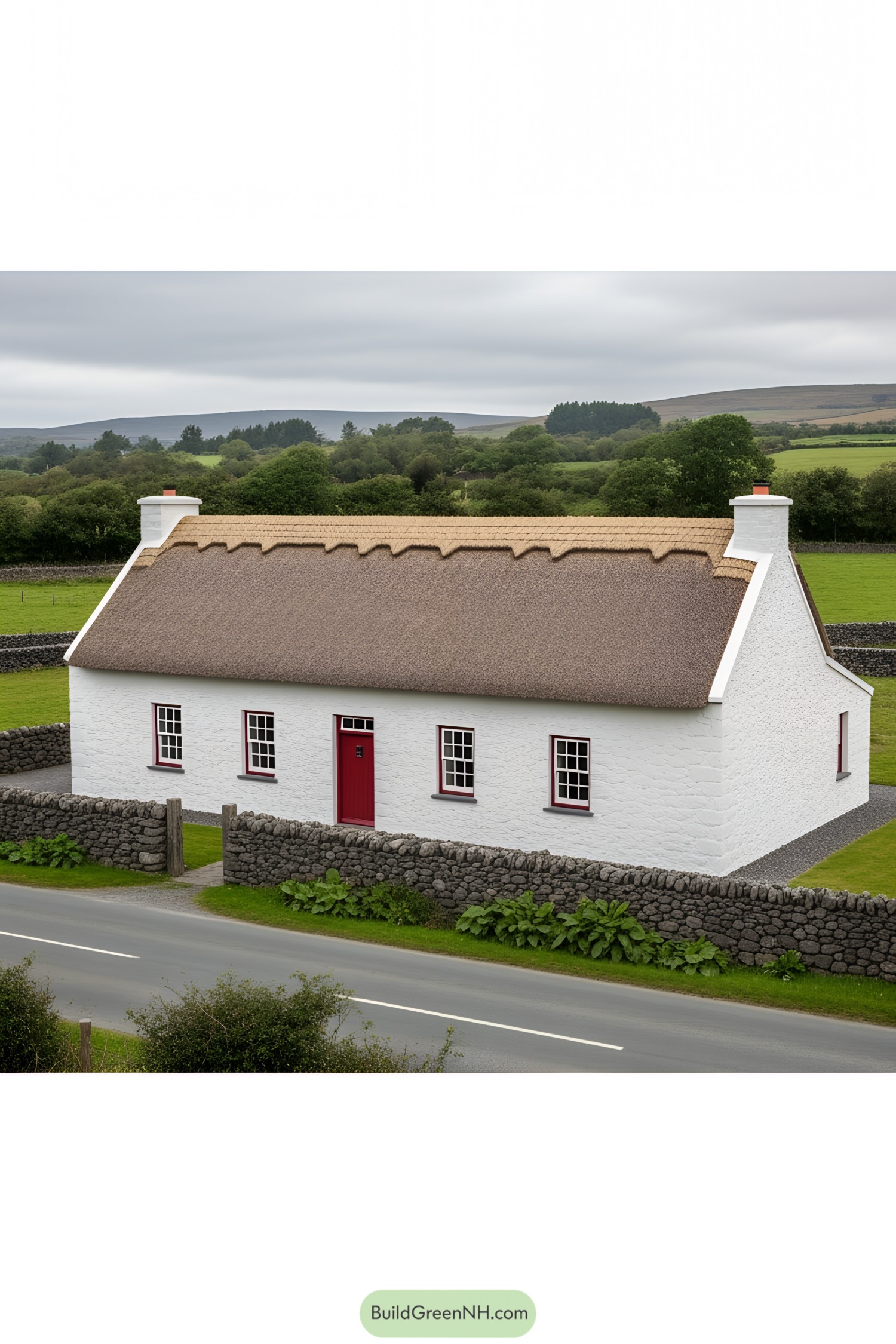 Charming white cottage with a thatched roof and red door