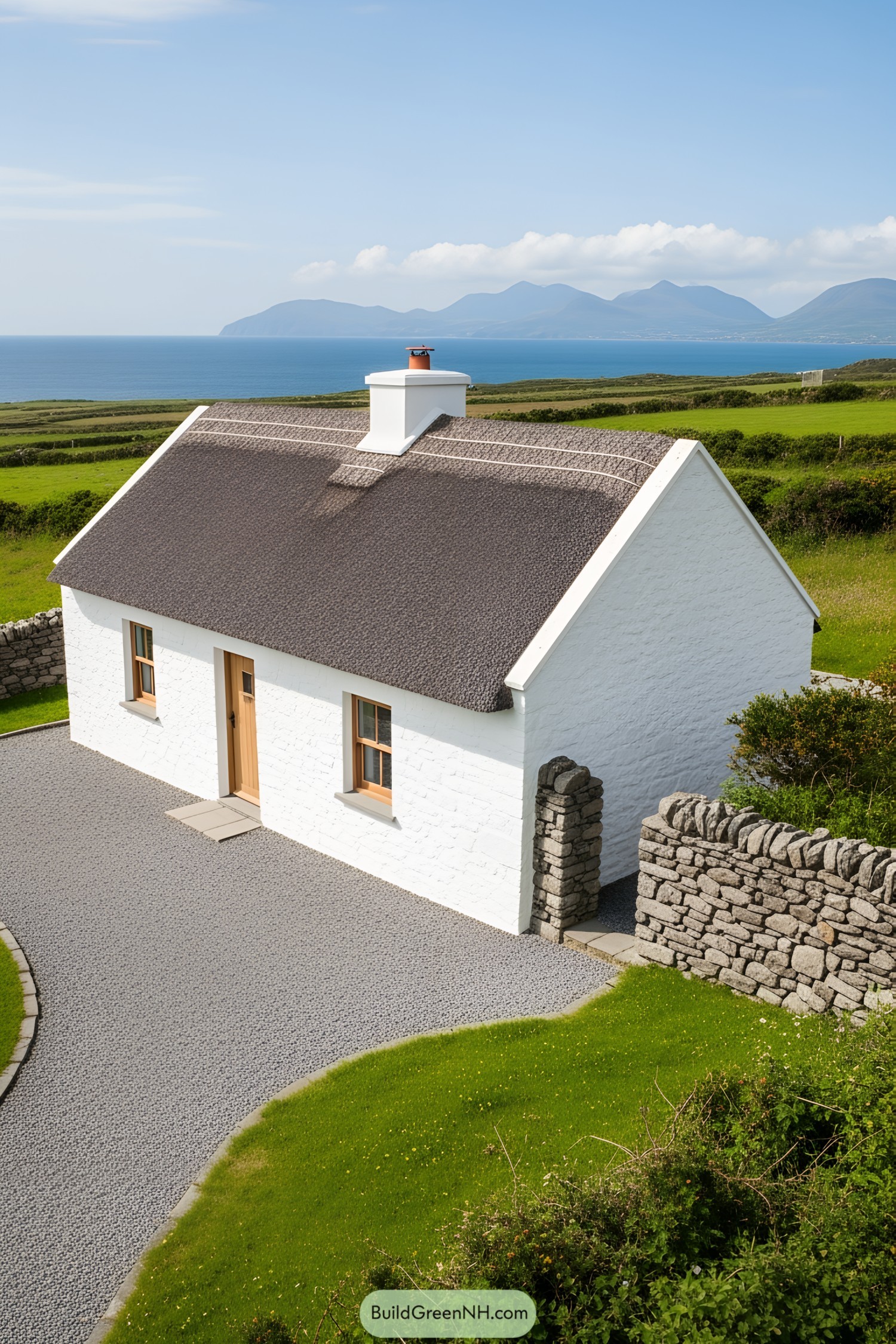 White stone cottage with a thatched roof near the coast