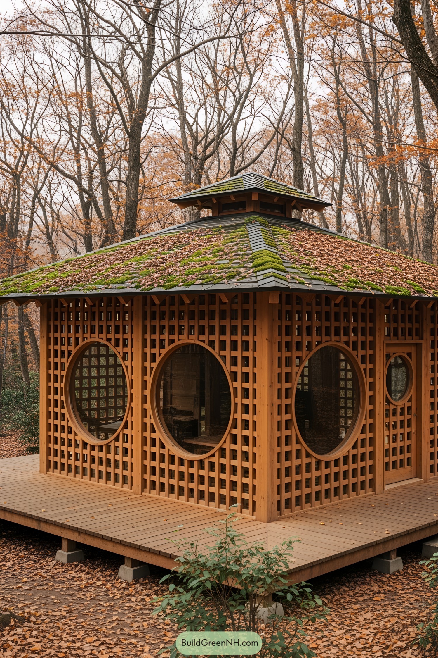 Japanese cabin with circular windows and mossy roof, surrounded by autumn trees