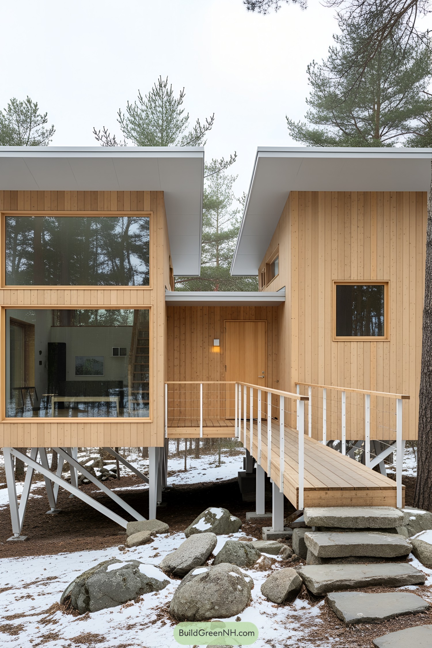 Modern wooden cabin with large windows and a ramp