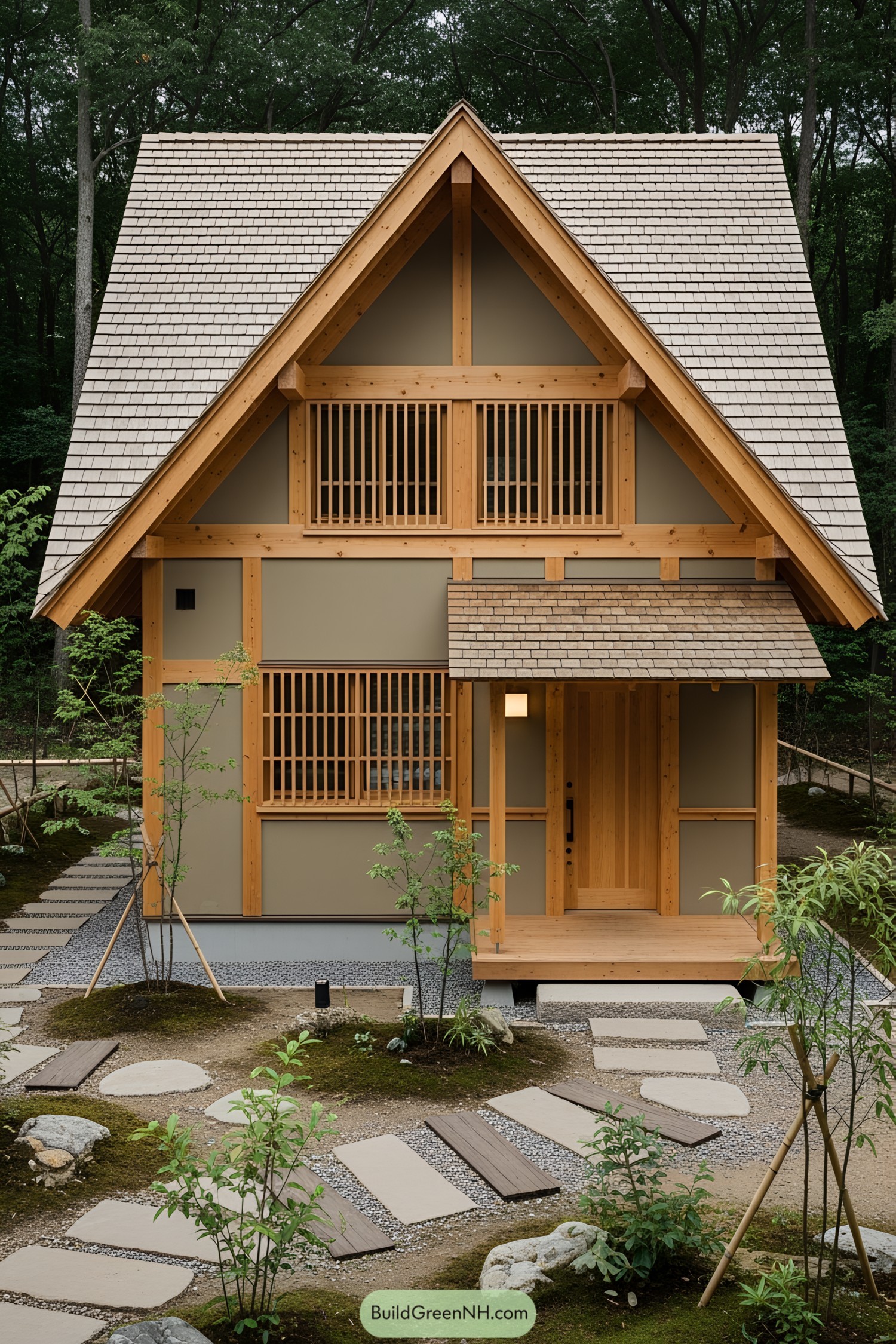 Rustic wooden cabin with steep roof and garden path