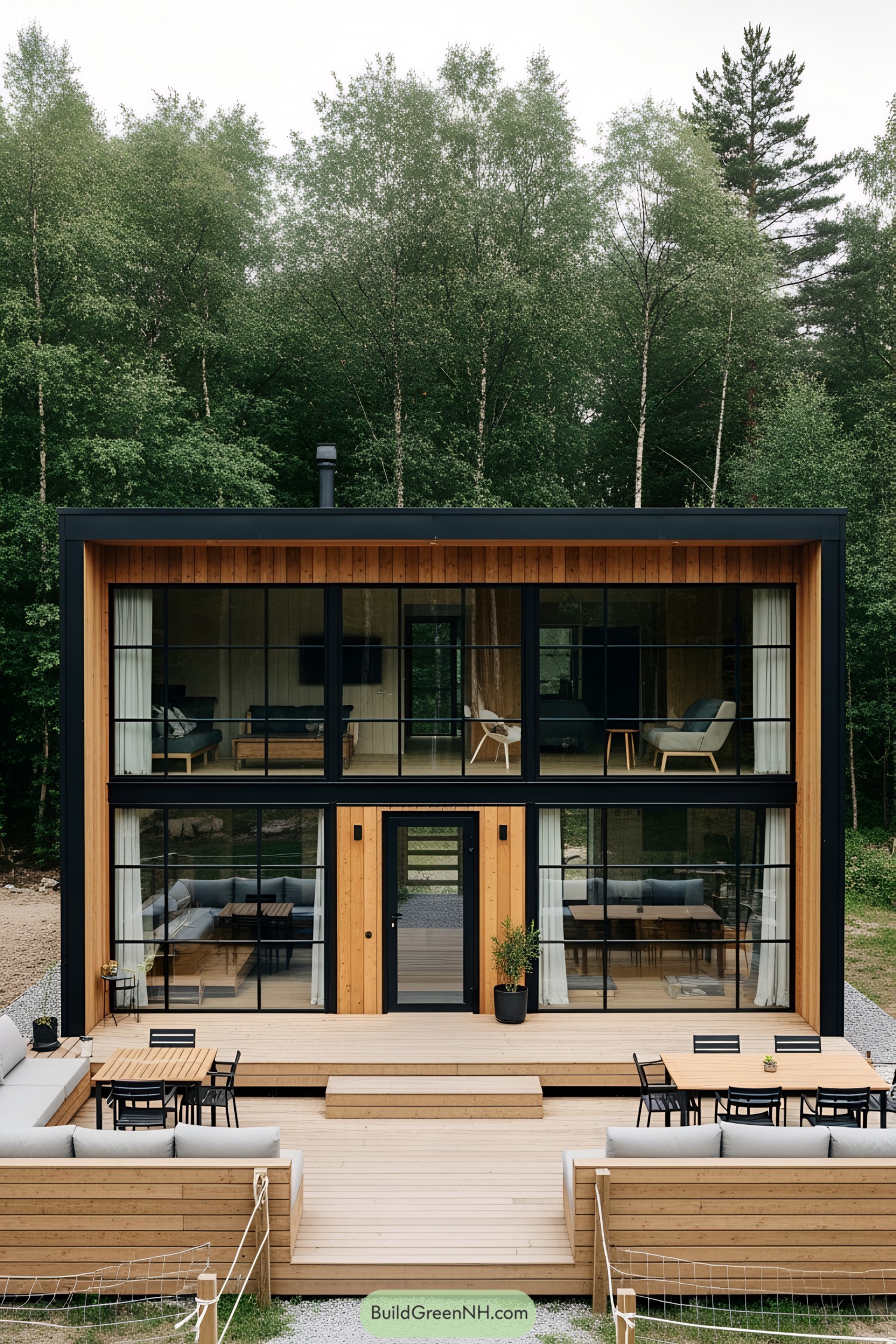 Contemporary cabin with floor-to-ceiling windows and wooden facade