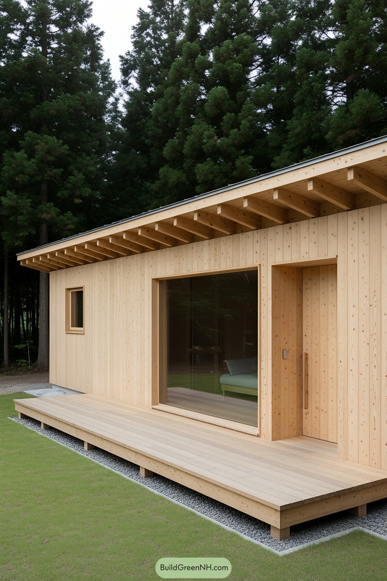 Simple wooden cabin with a serene backdrop of trees