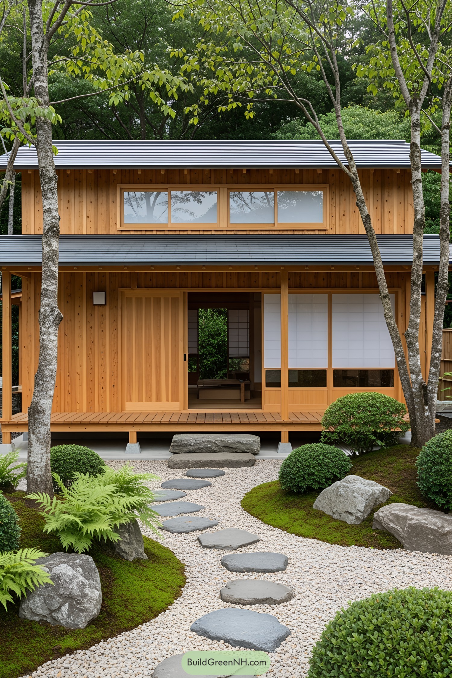 A wooden Japanese cabin with a serene garden path