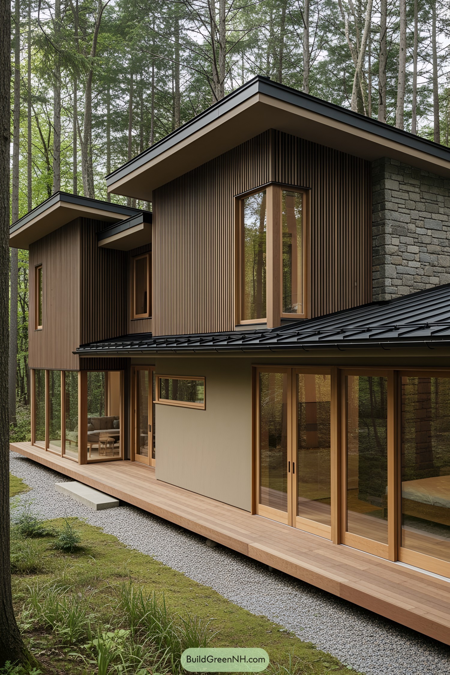 Modern wooden cabin with large glass windows in a forest setting