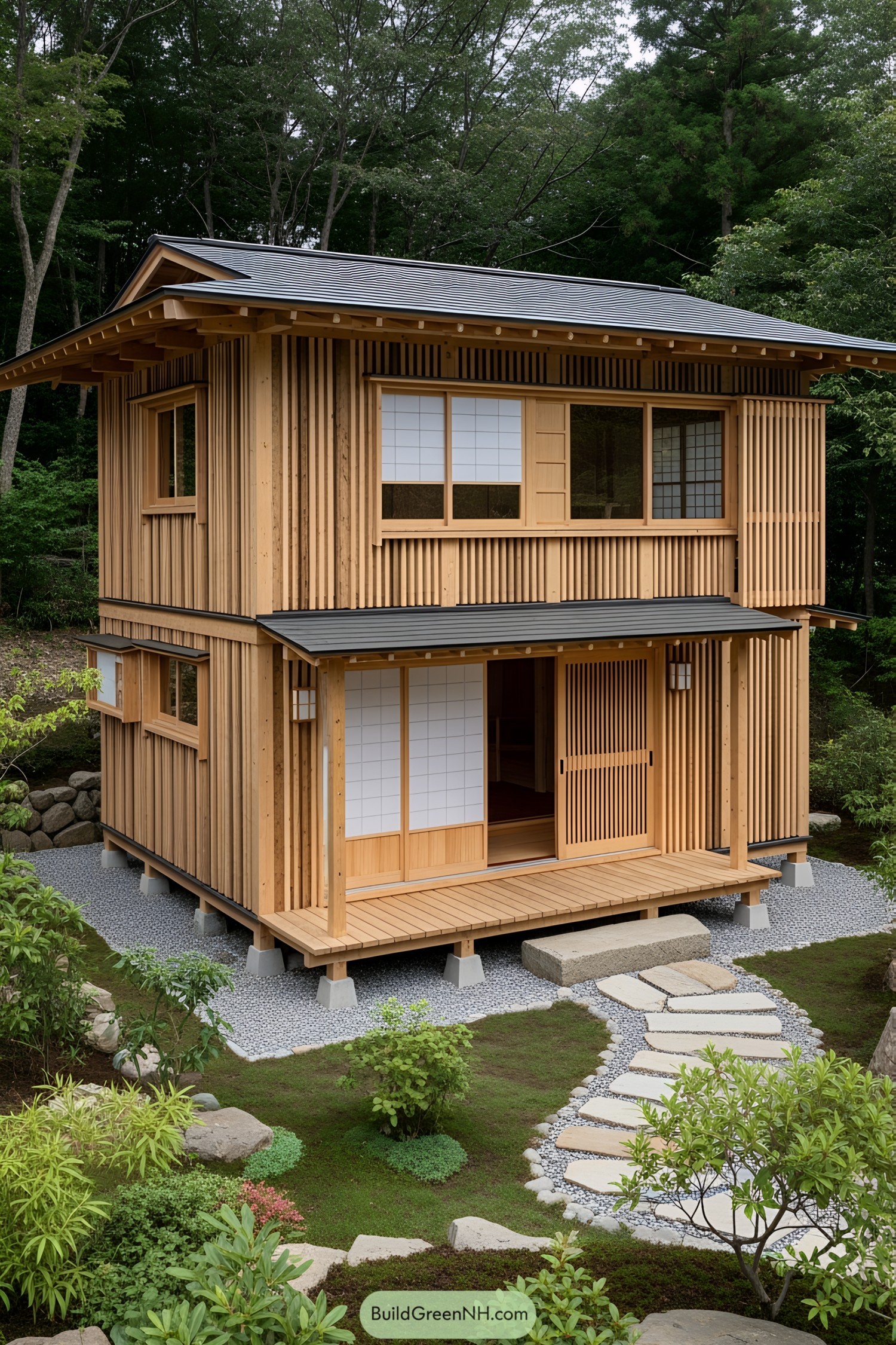 Traditional Japanese cabin with wooden slatted exterior