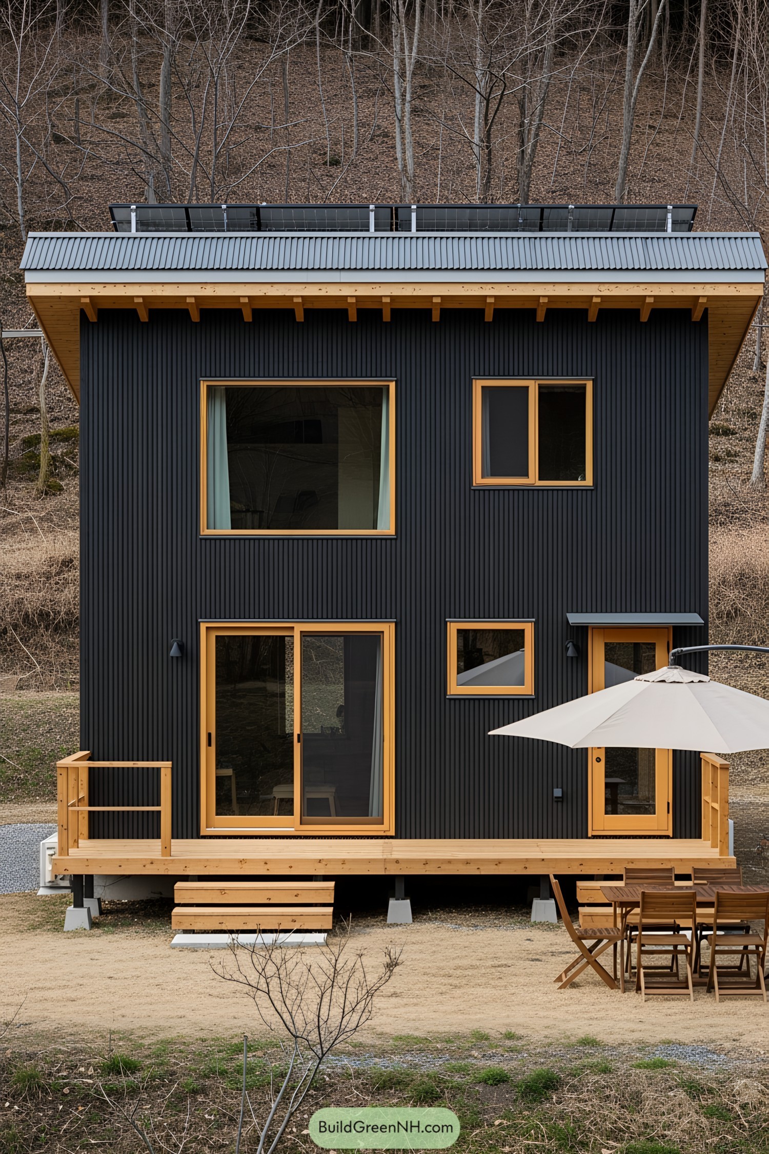 Modern black cabin with wooden accents