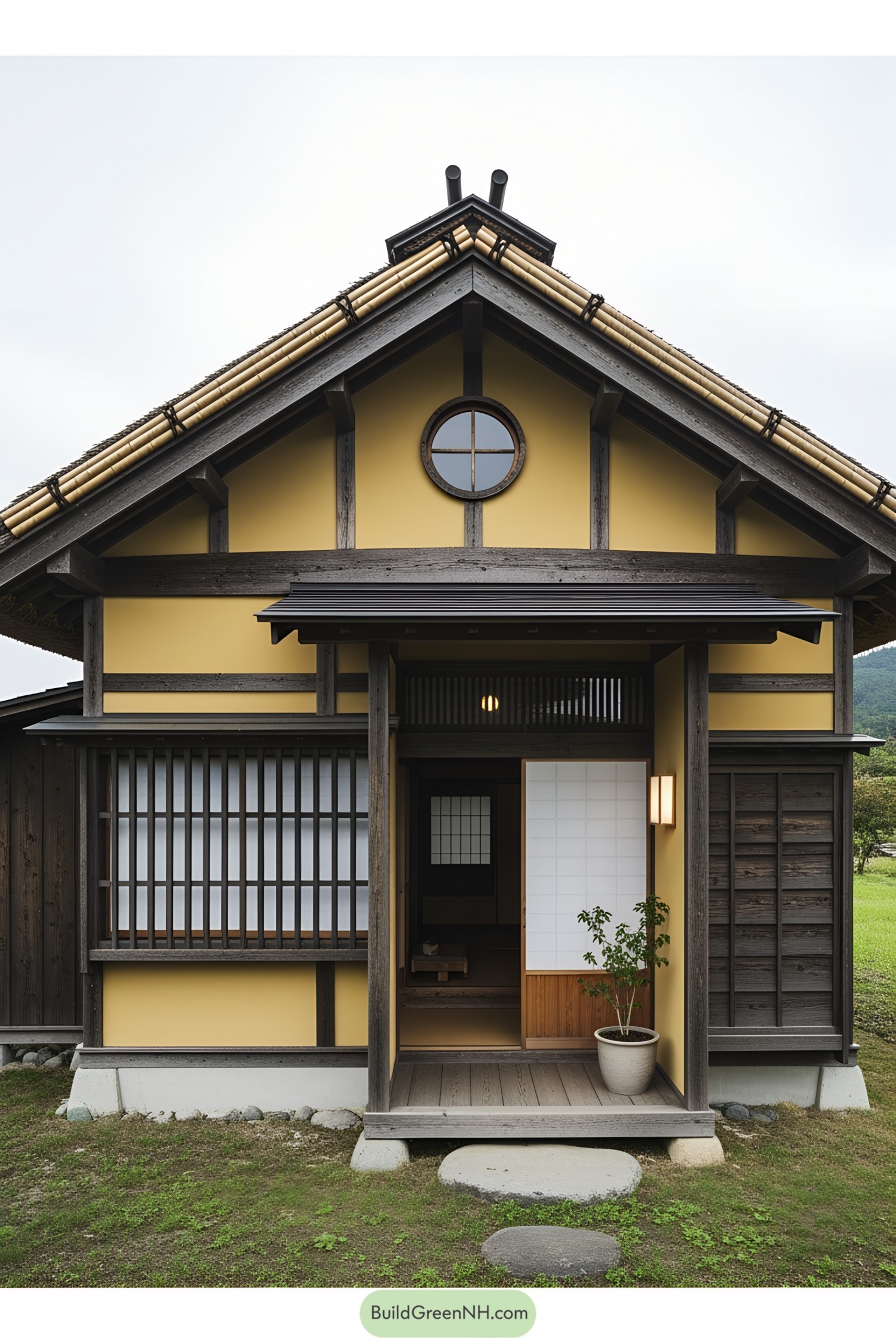 Yellow and wood cabin with a circular window and sliding door