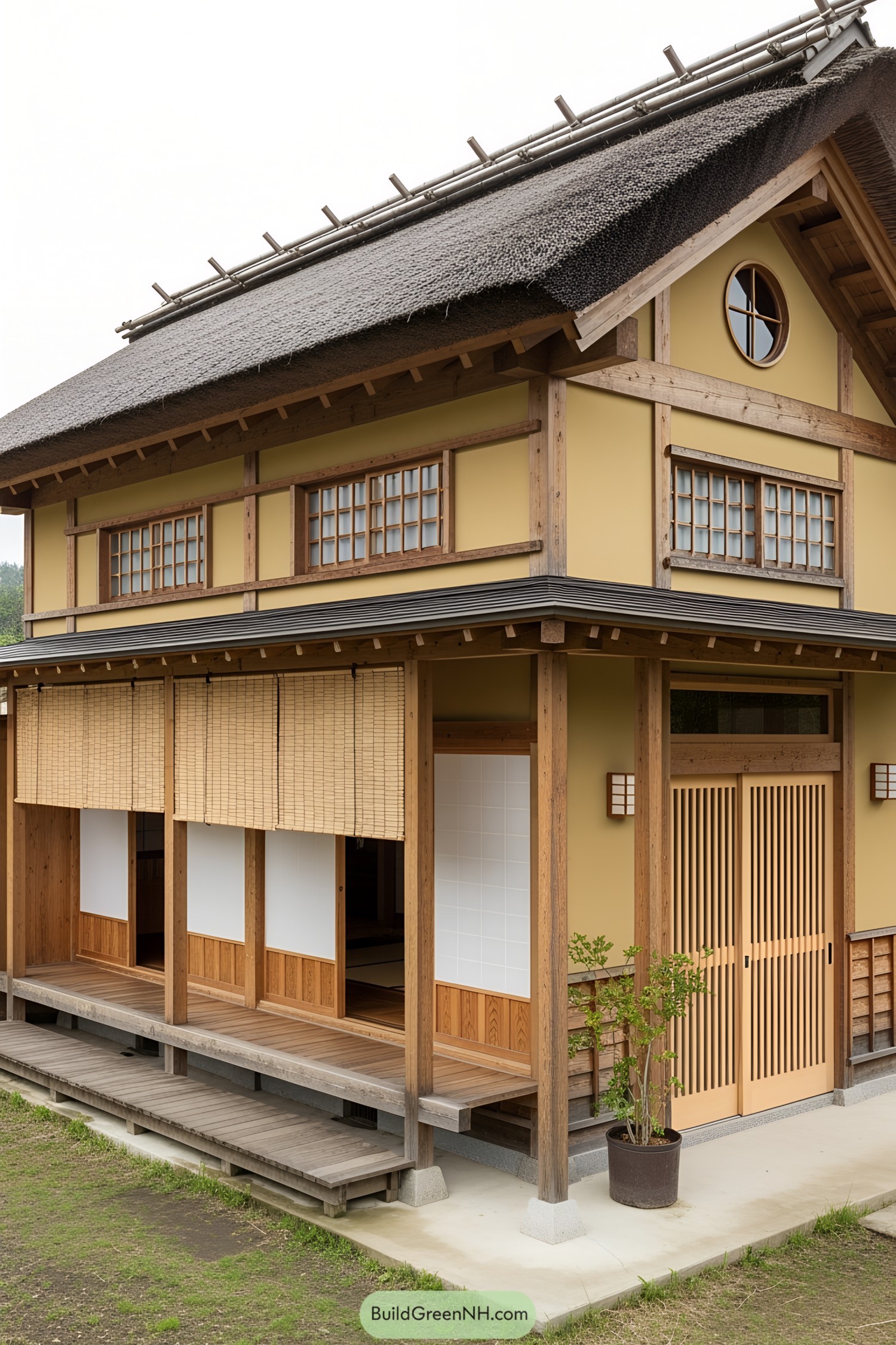 Japanese-style cabin with shoji doors and thatched roof