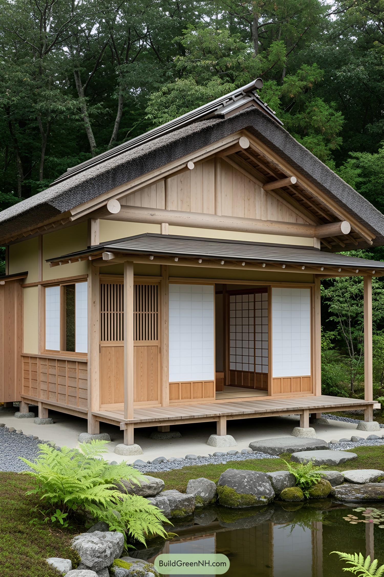 Traditional Japanese cabin with sliding doors and thatched roof by a pond