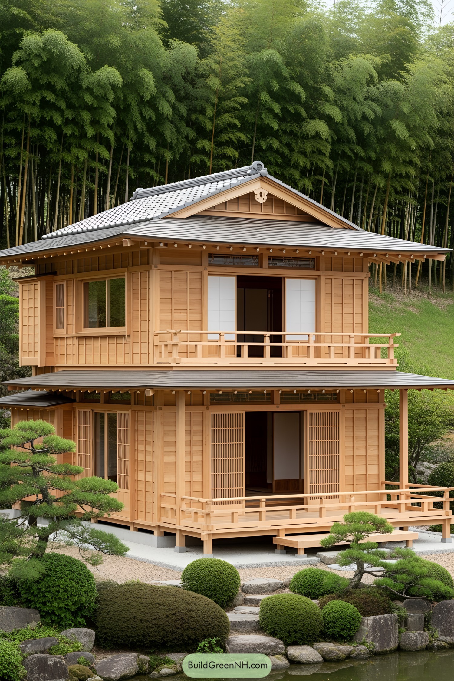 Japanese wooden cabin with a traditional design set against a bamboo grove