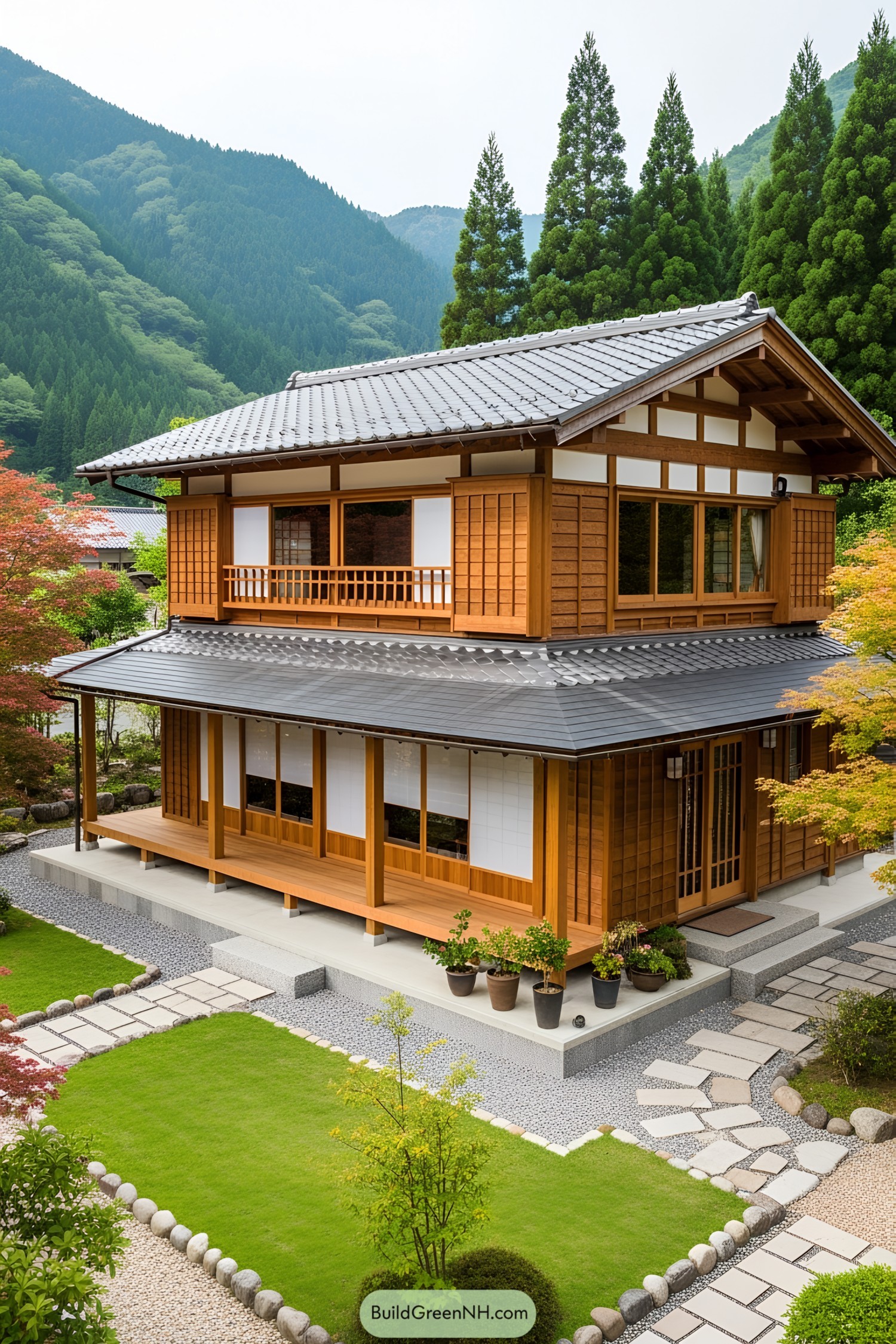 Traditional Japanese wooden cabin surrounded by lush greenery