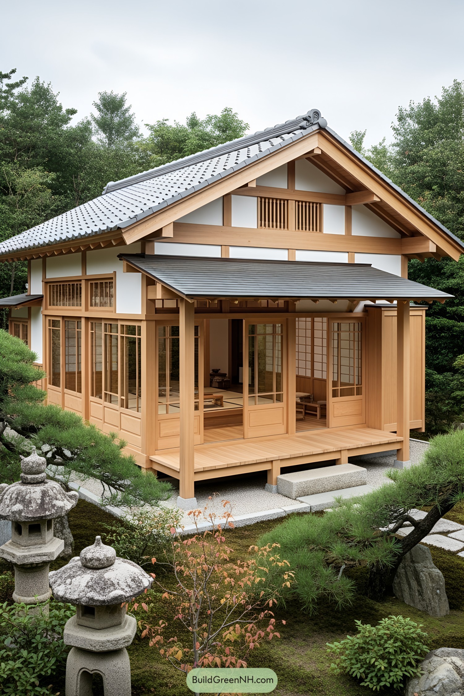 Traditional Japanese cabin surrounded by lush greenery