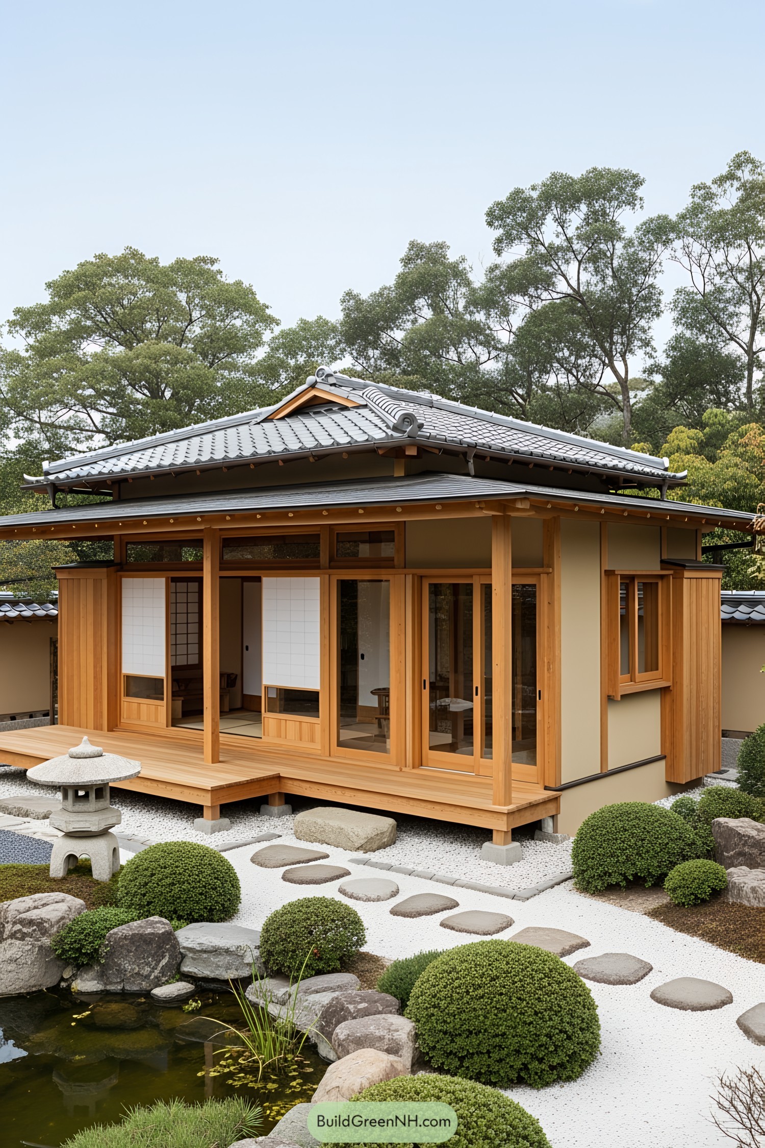 Japanese-style cabin with wooden exterior and stone garden