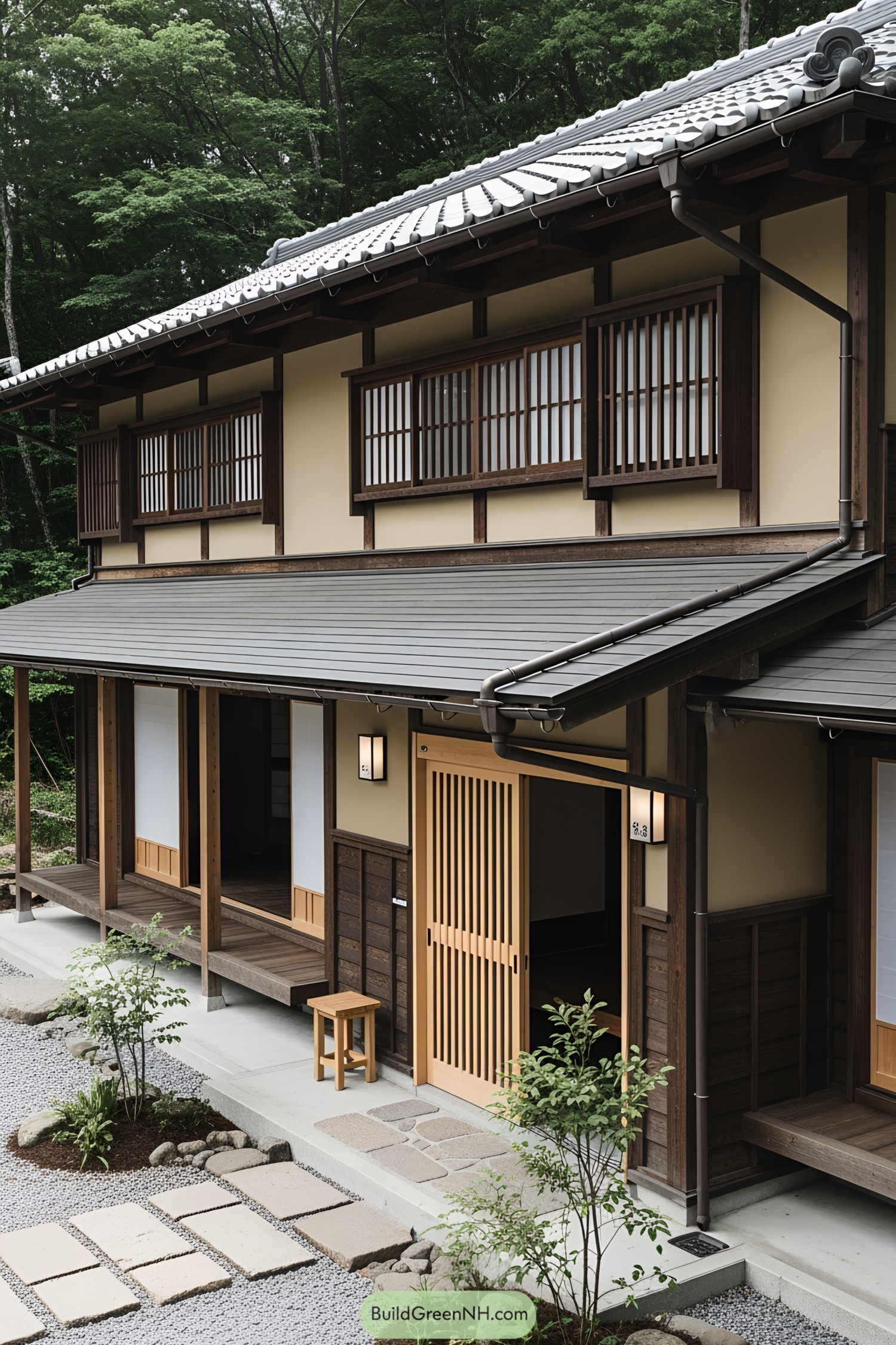 Traditional Japanese cabin with sliding wooden doors and a serene garden path