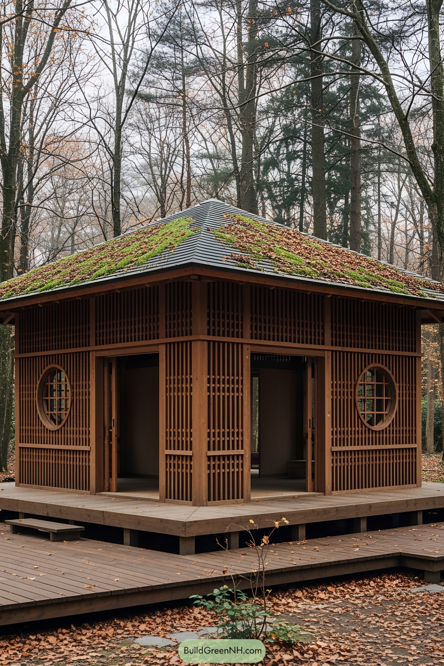 Japanese wooden cabin with a mossy roof in a forest setting