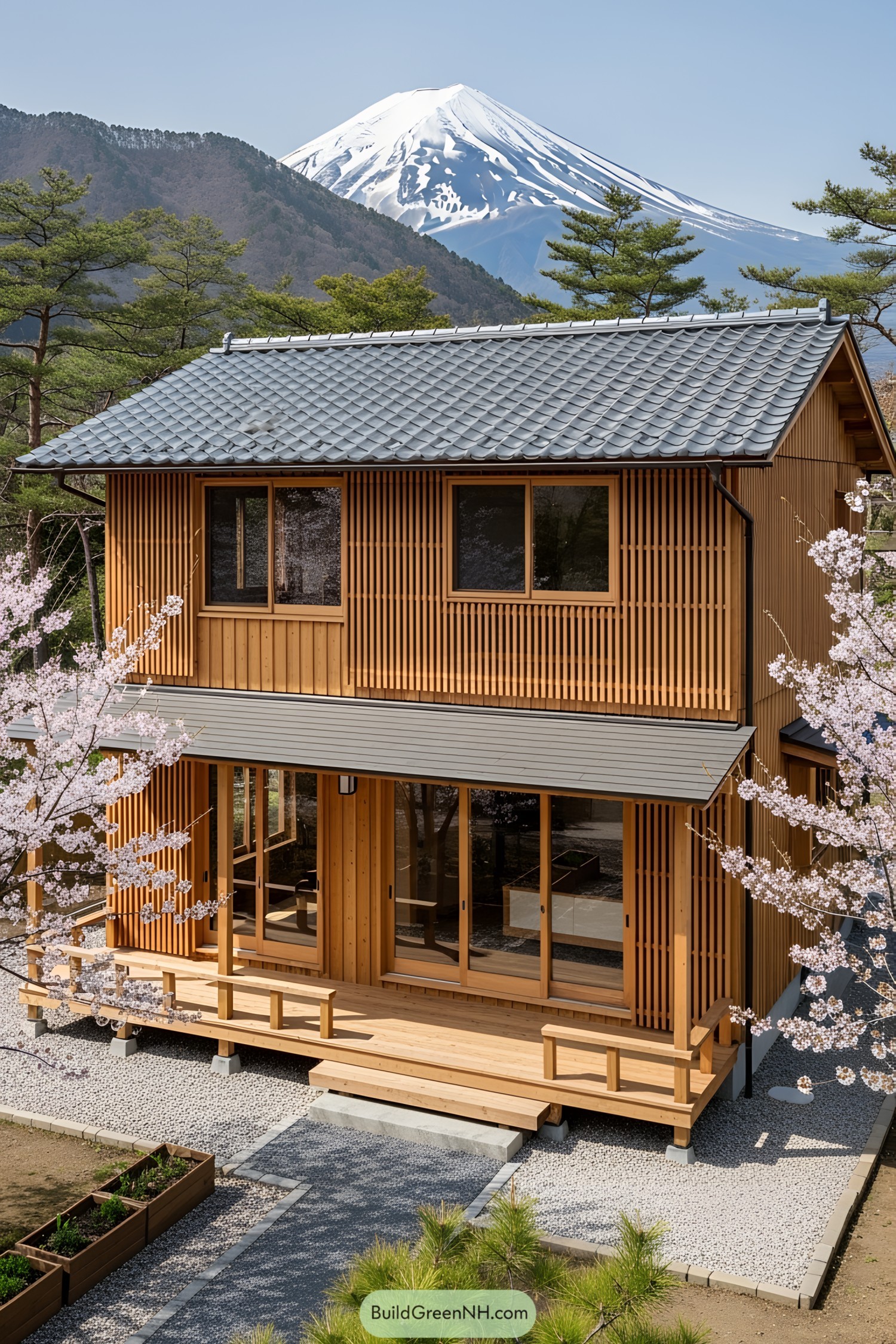 Traditional Japanese cabin with cherry blossoms and mountain backdrop