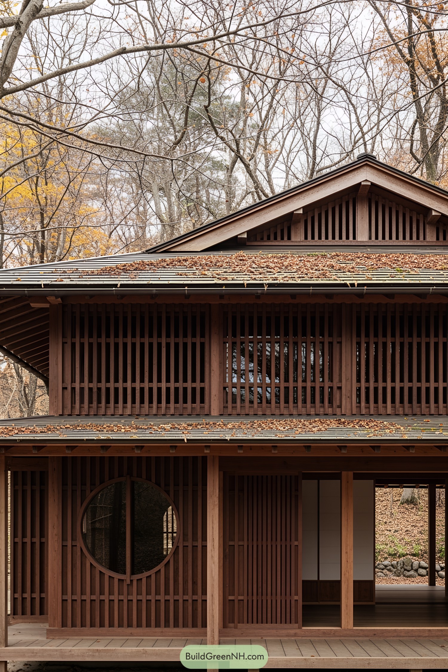 Traditional Japanese cabin with wooden latticework in a forest setting