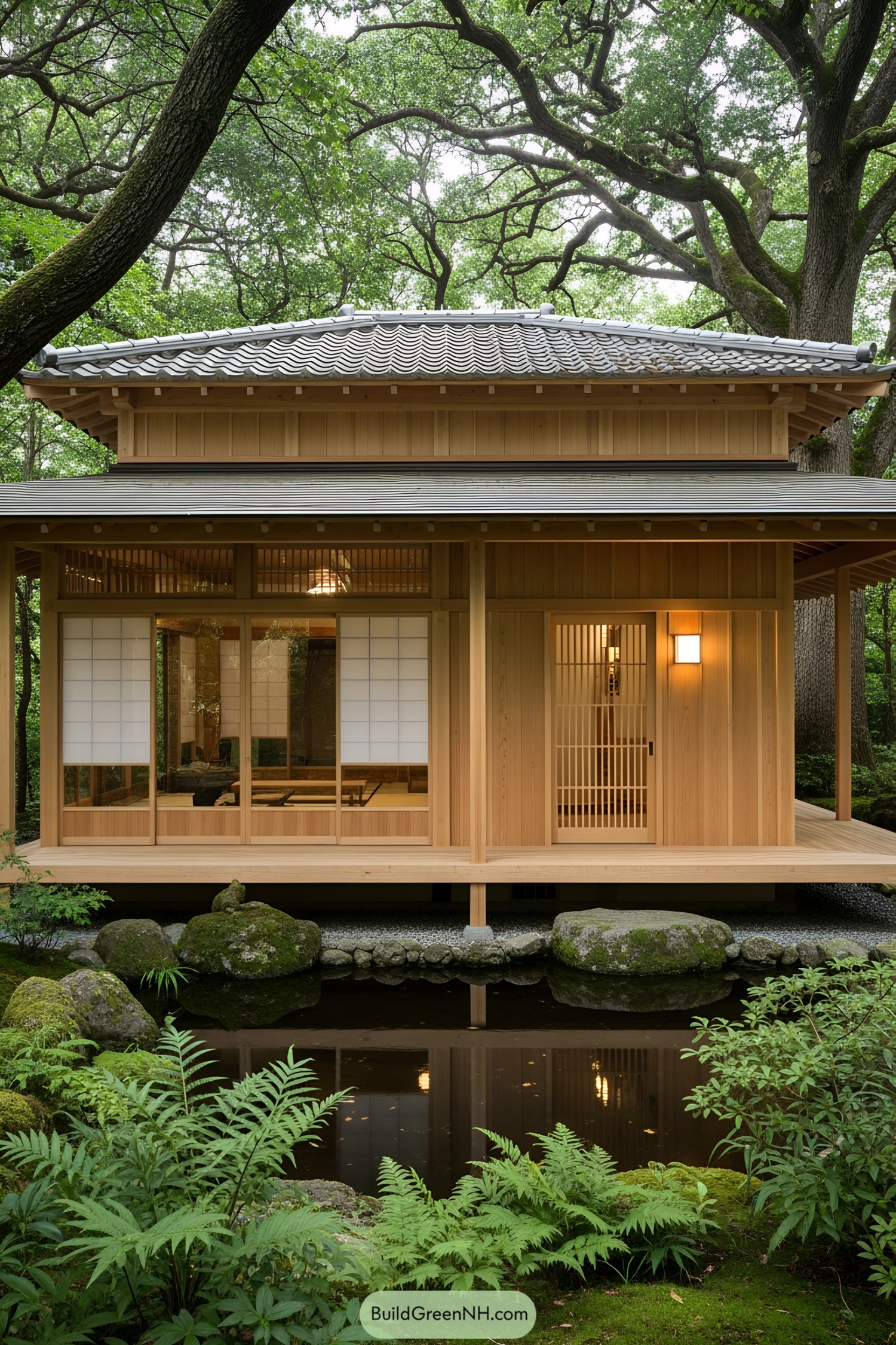 Japanese-style wooden cabin surrounded by lush forest