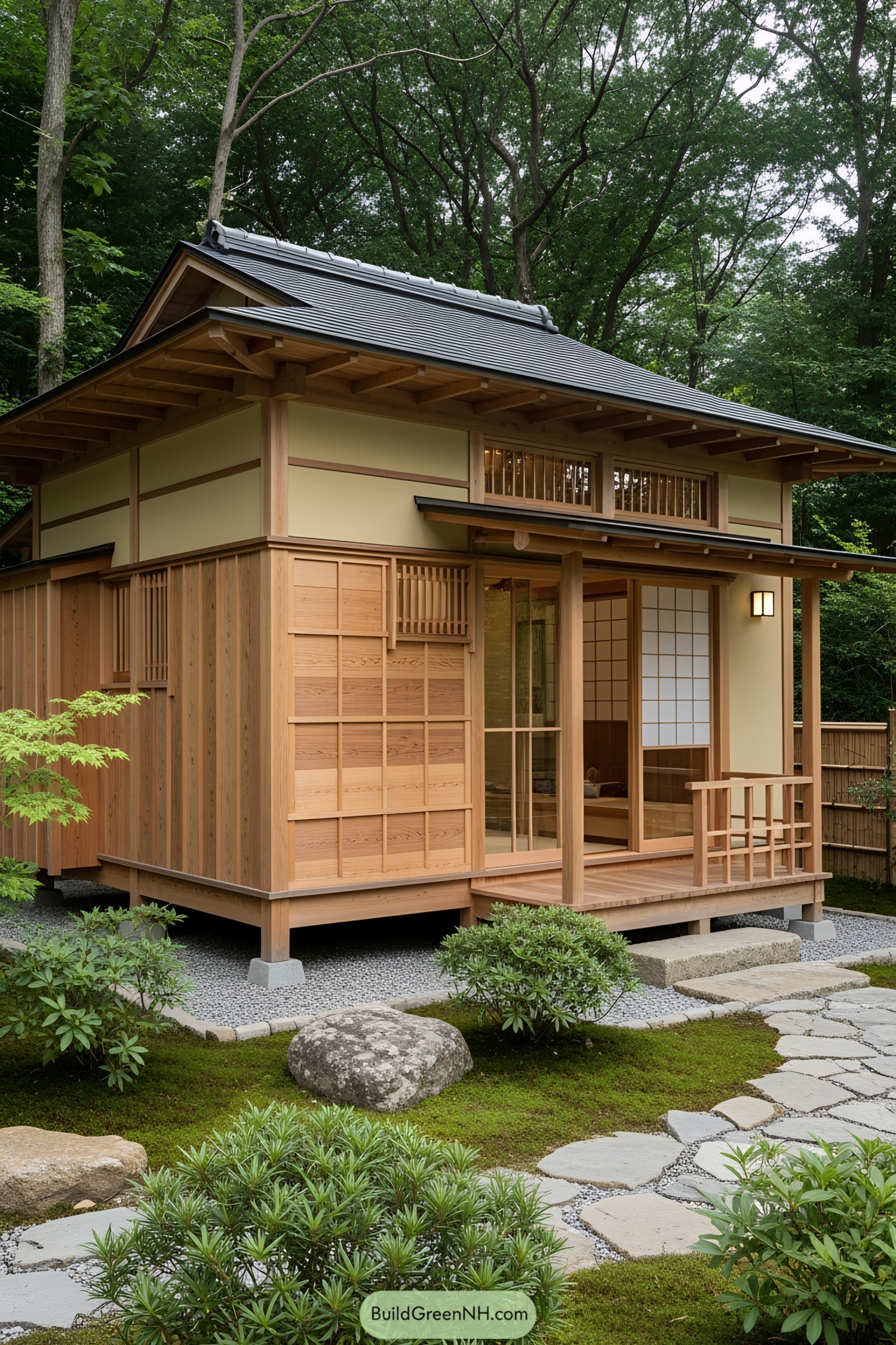 Small Japanese cabin surrounded by lush greenery