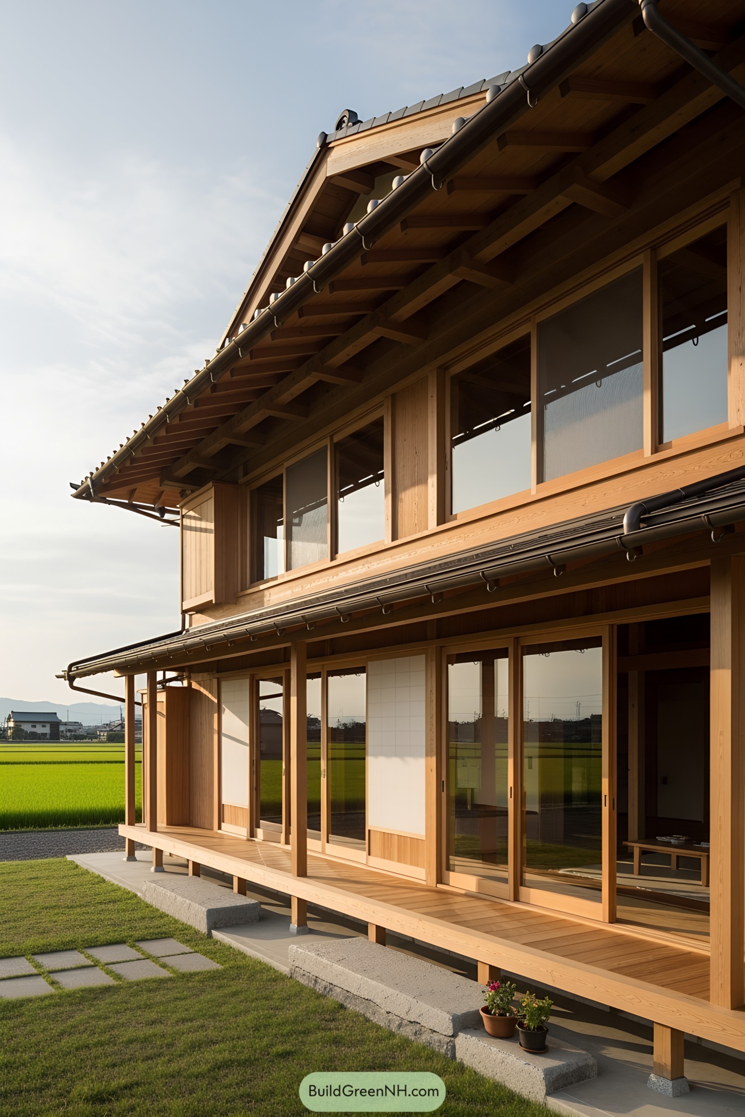 Traditional Japanese farmhouse with wooden veranda and sliding doors