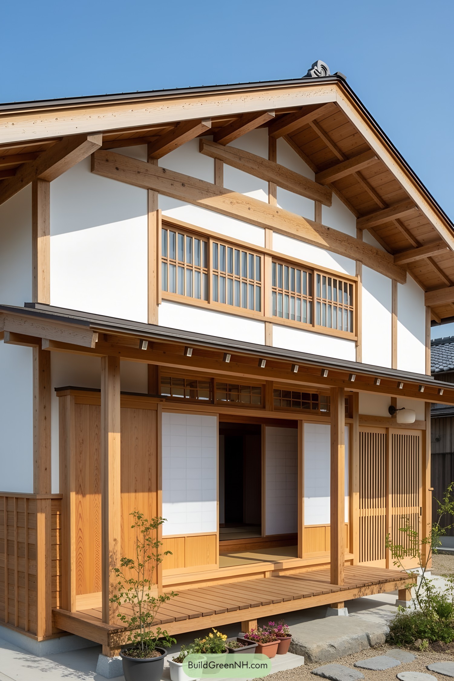 Japanese farmhouse with wooden accents and sliding doors