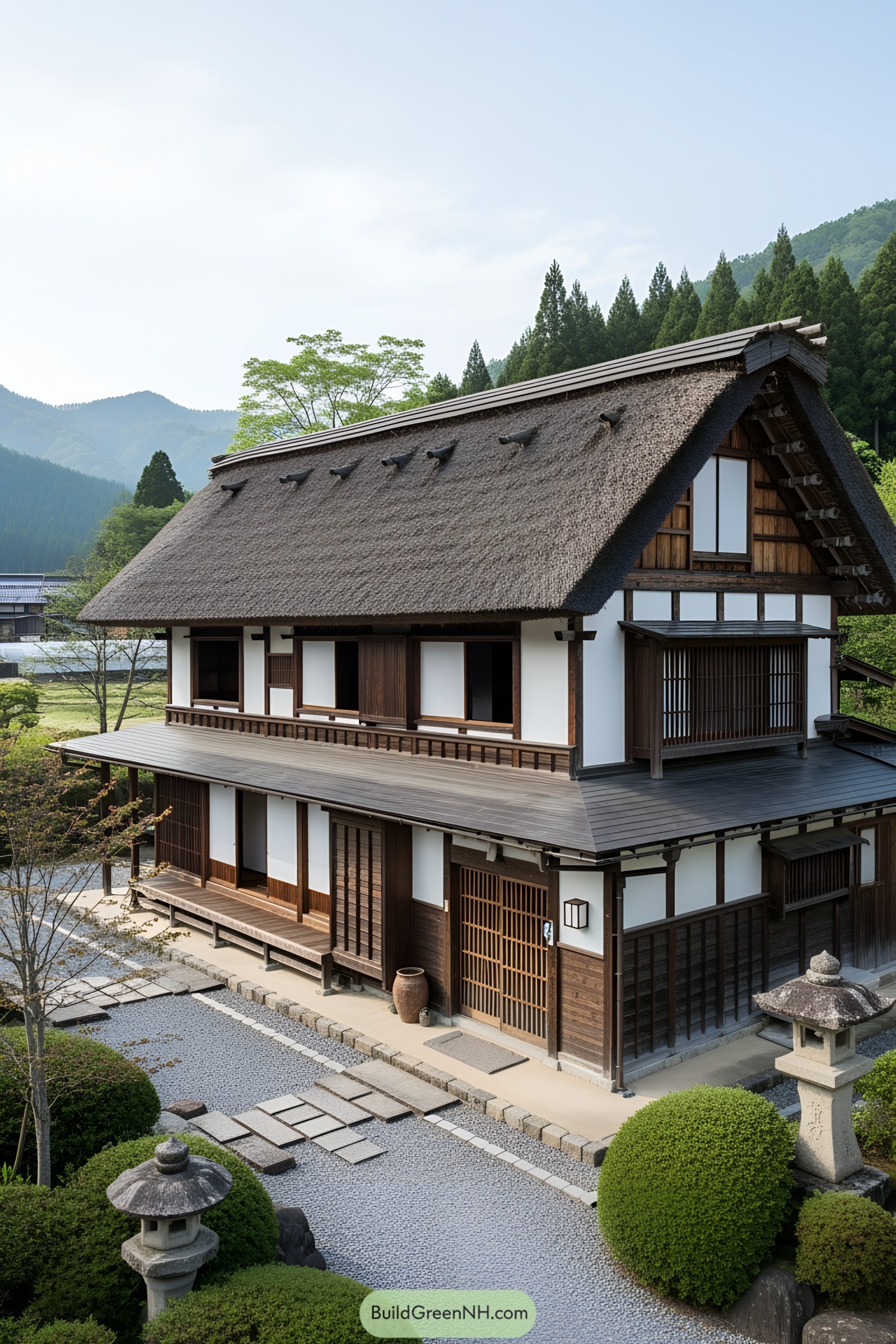 Traditional Japanese farmhouse with a thatched roof and serene garden