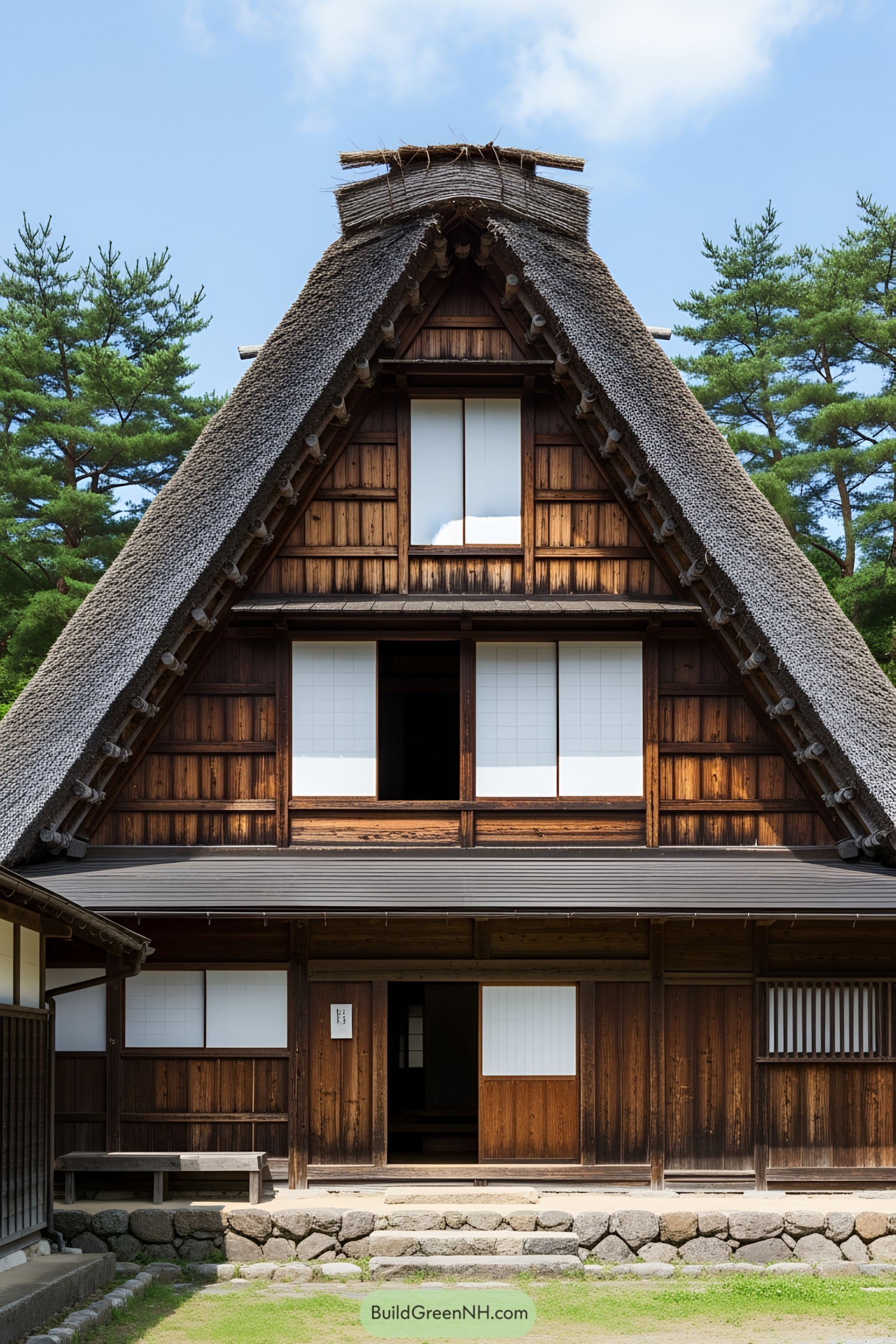 Traditional Japanese farmhouse with thatched roof and wooden facade