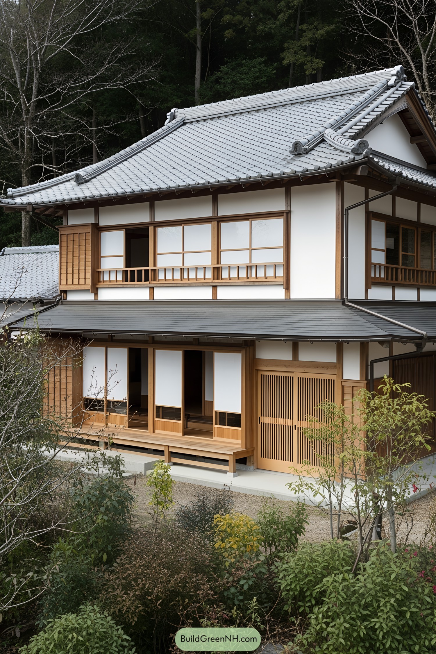 Japanese farmhouse with wooden sliding doors and tiled roof