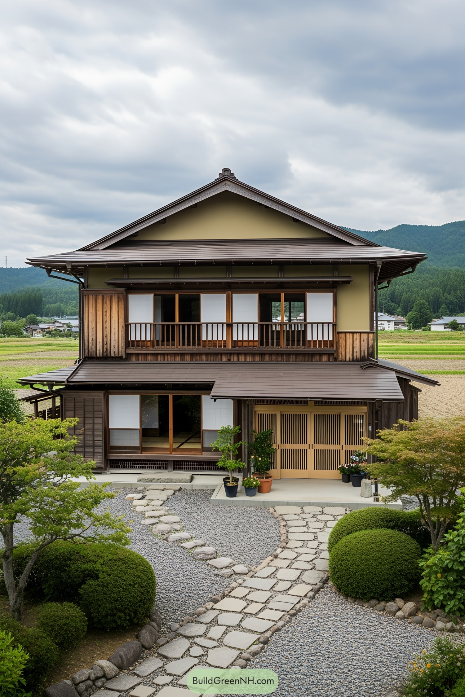 Traditional Japanese farmhouse with surrounding garden and stone pathway