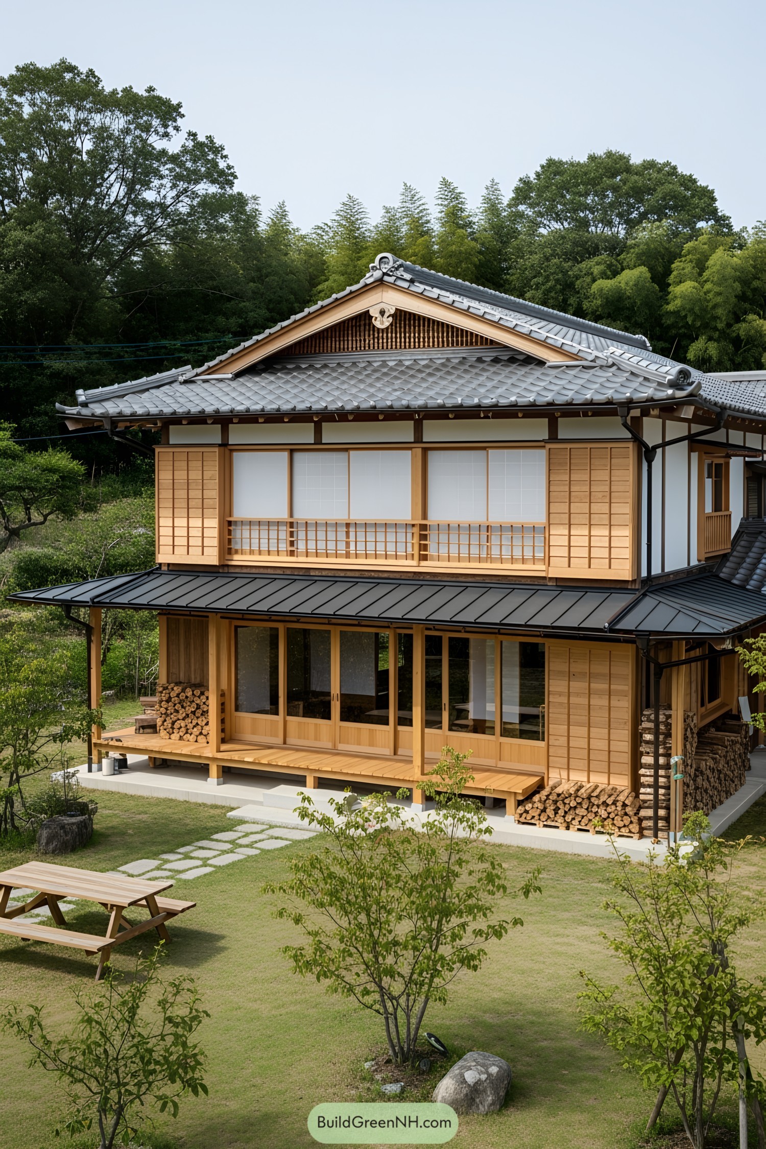 Two-story Japanese farmhouse with wooden accents and tiled roof