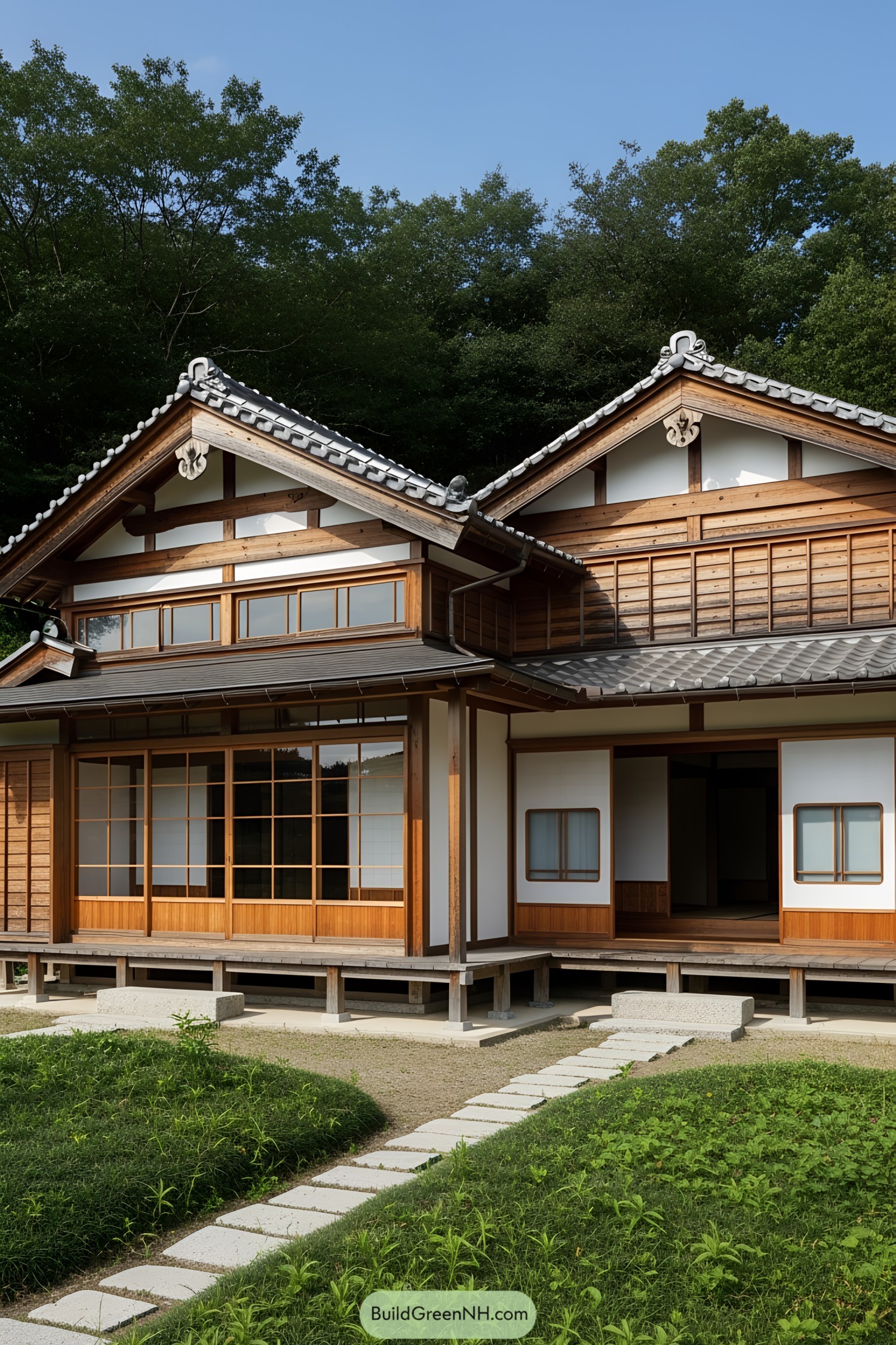 Charming wooden farmhouse with sloped roofs