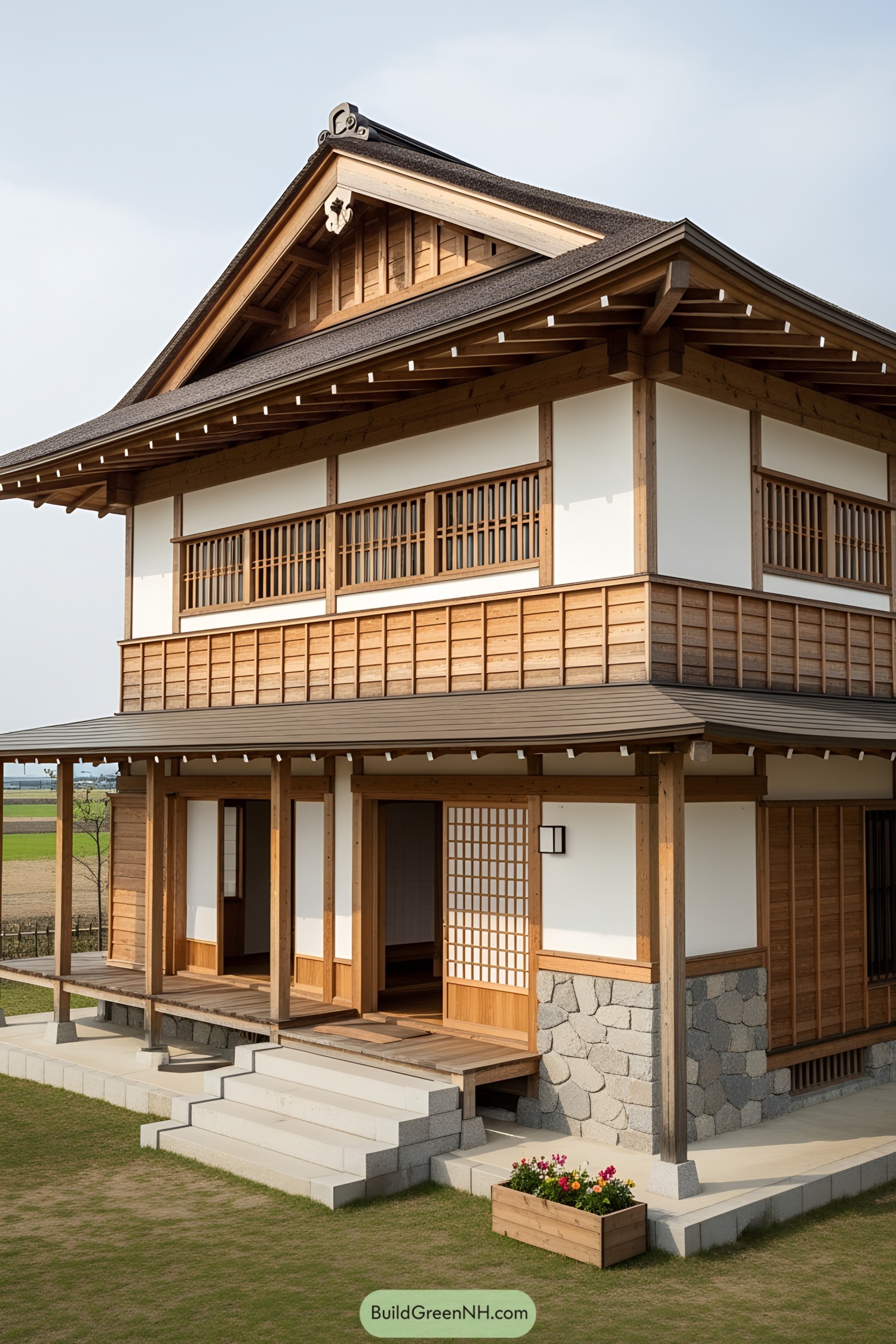 Elegant Japanese farmhouse with wooden accents