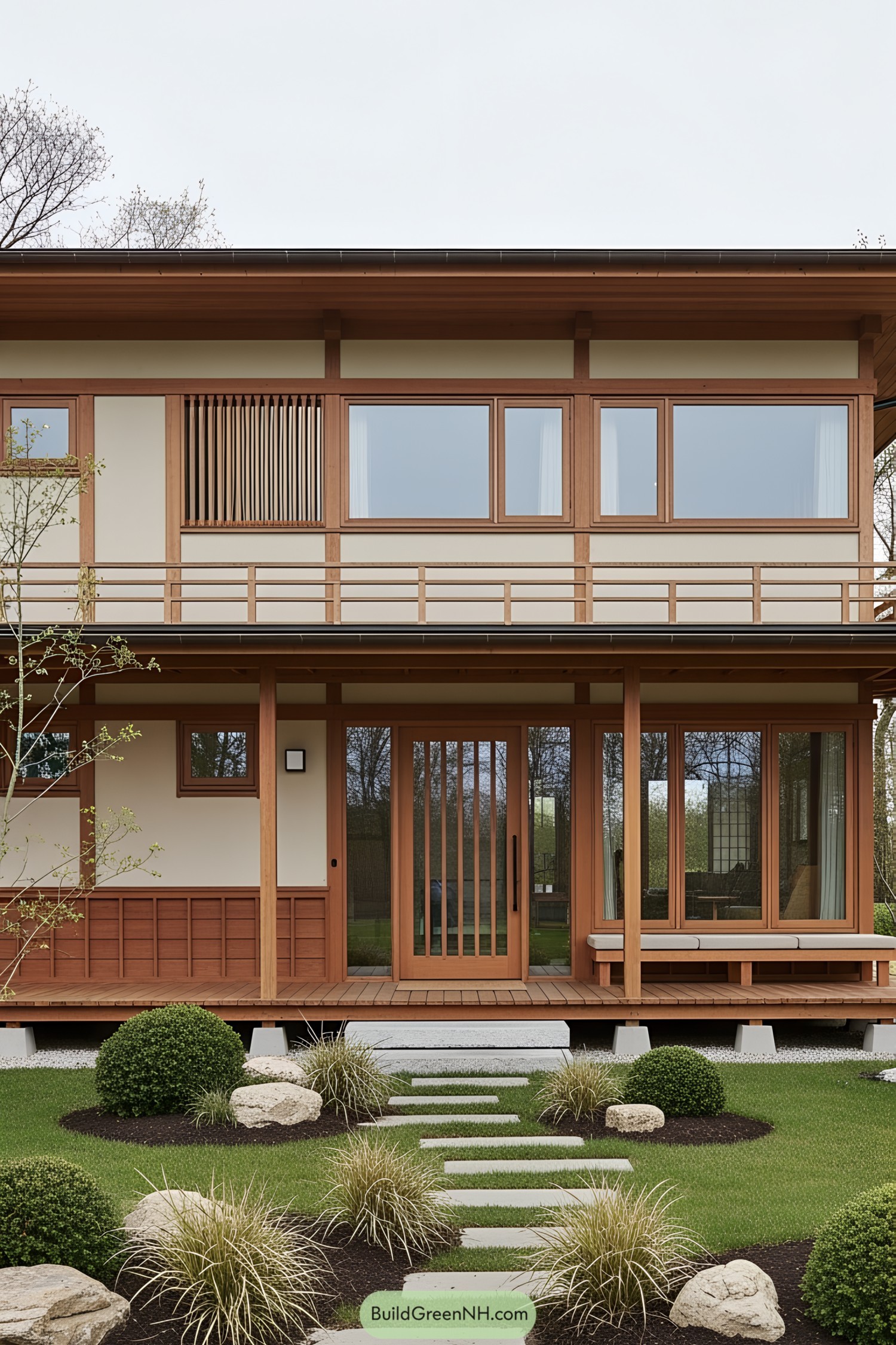 Modern Japanese-style house with wooden accents and minimalist landscaping