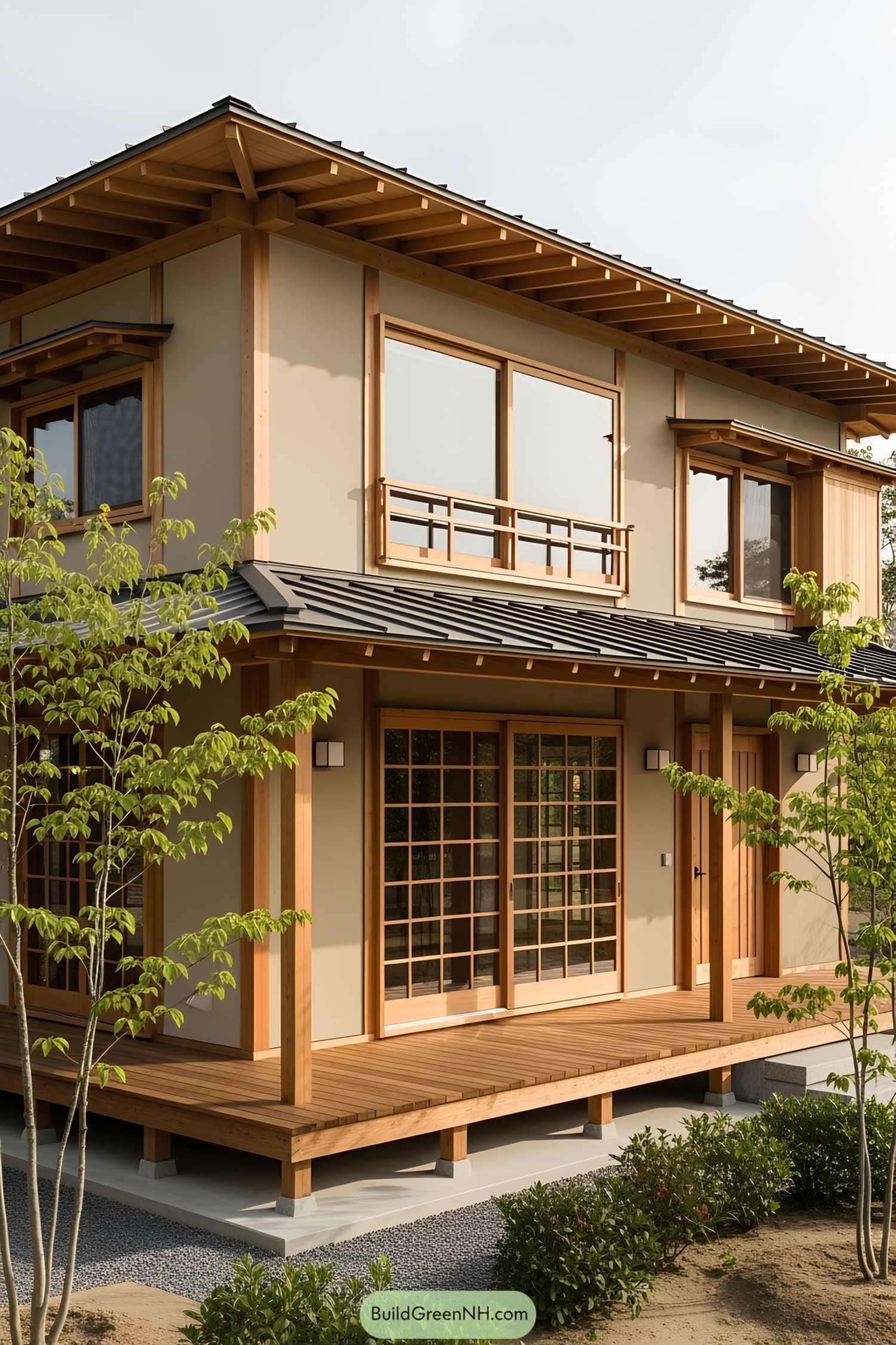 Two-story wooden house with large windows and a minimalistic garden