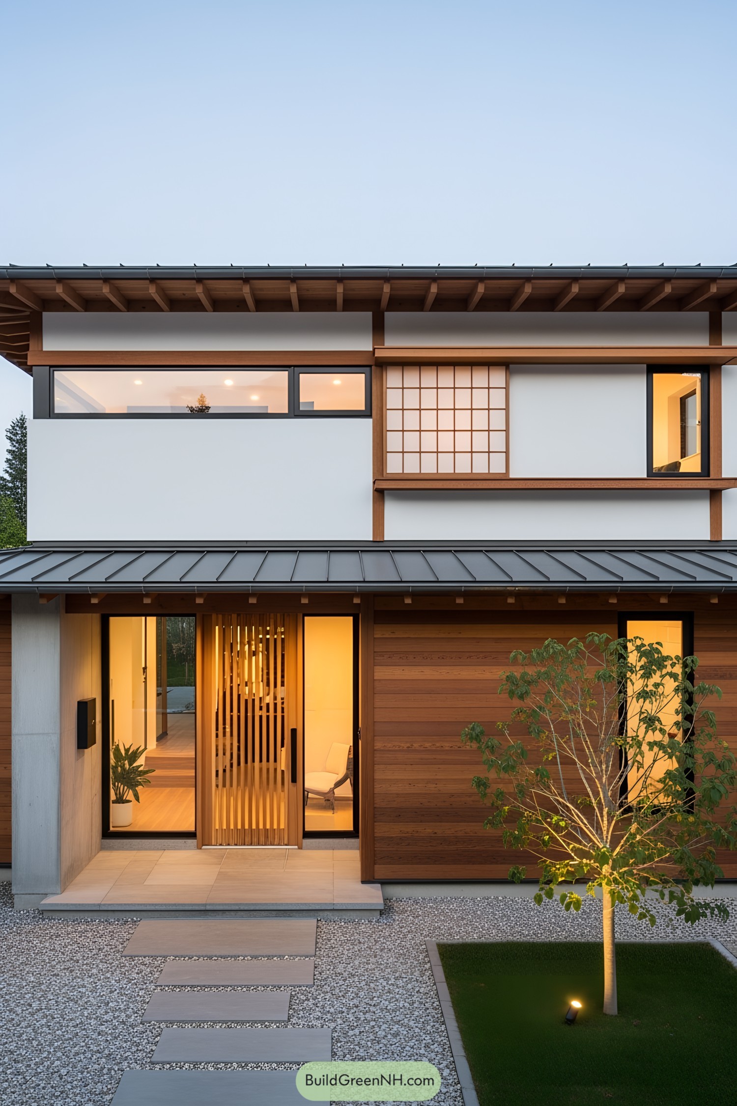 Japanese-inspired house with wooden elements, large windows, and a simple garden