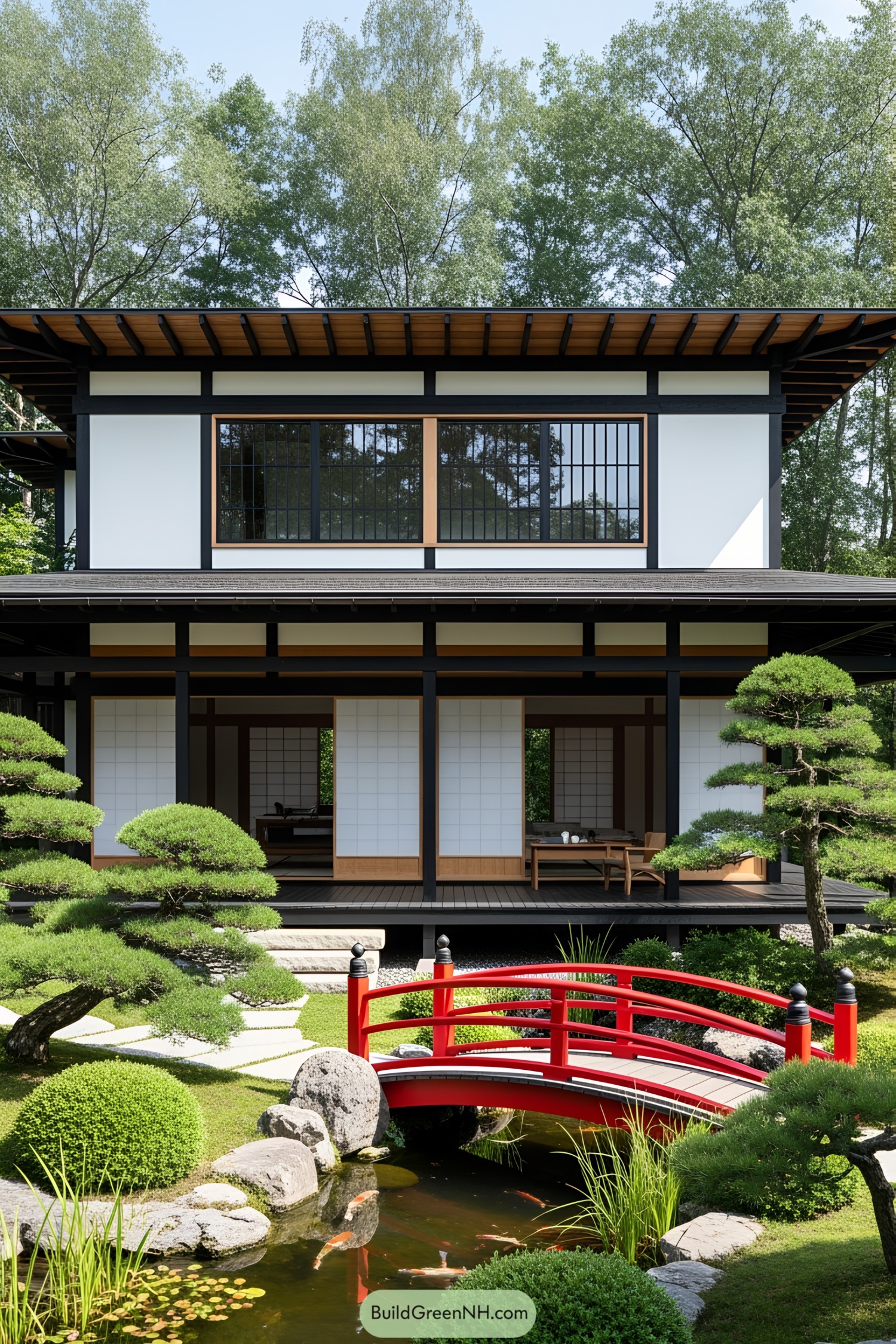 Japanese house with garden and red bridge