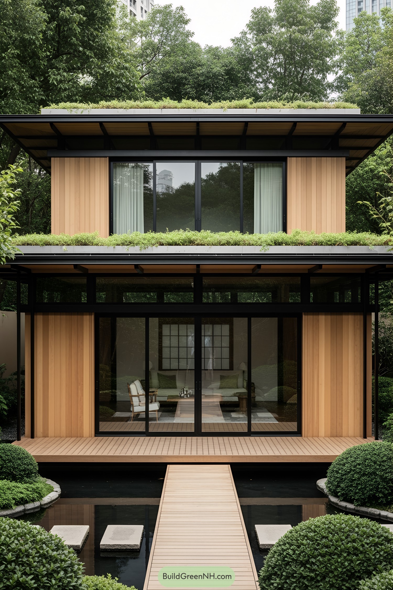 Minimalist Japanese-style house with lush greenery