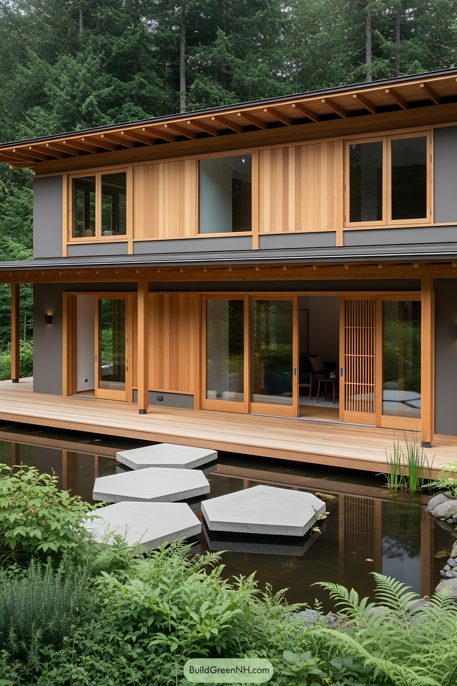 Modern Japanese-style house with a wooden facade and serene pond