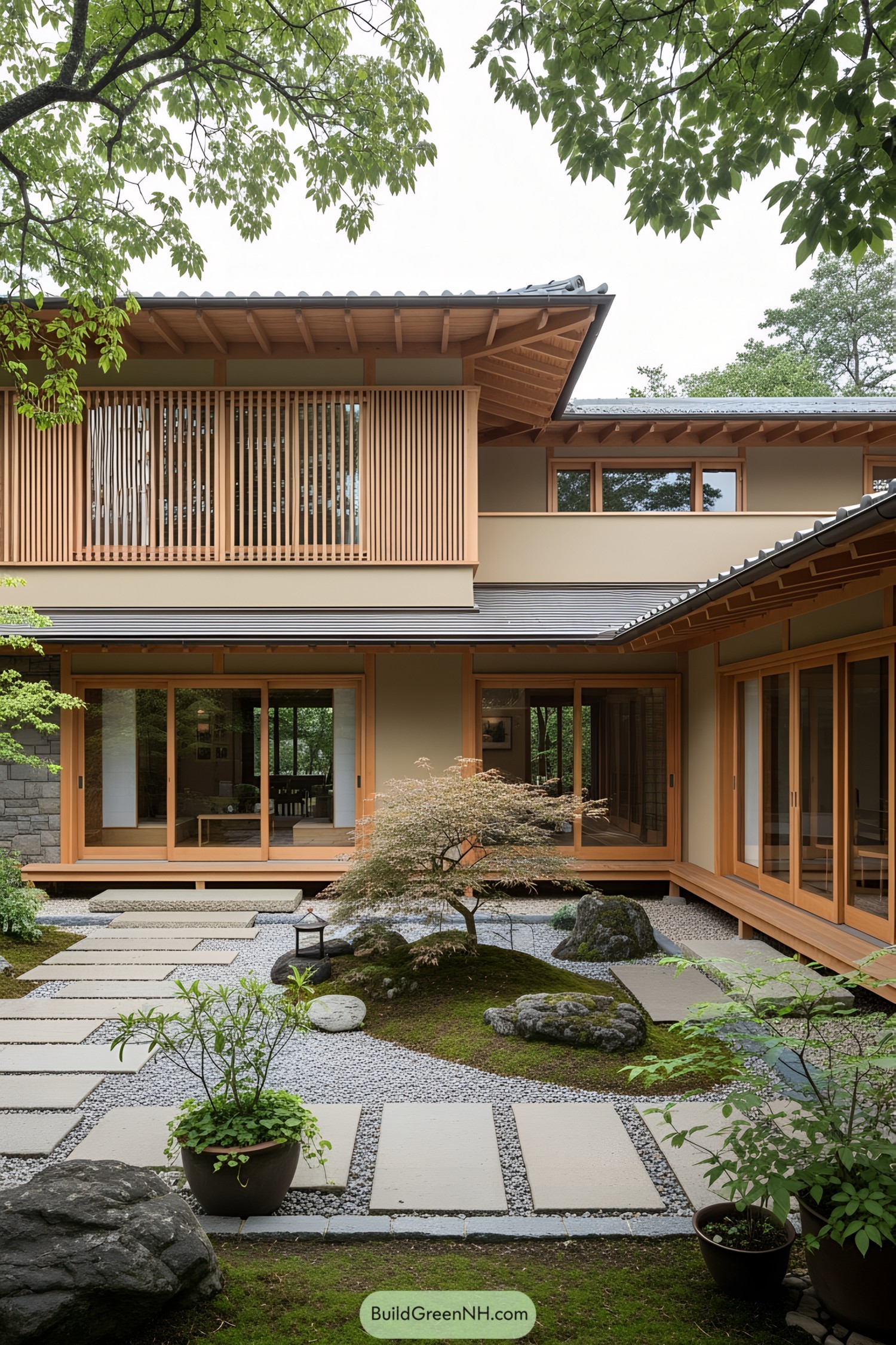 Modern Japanese house with wooden accents and garden