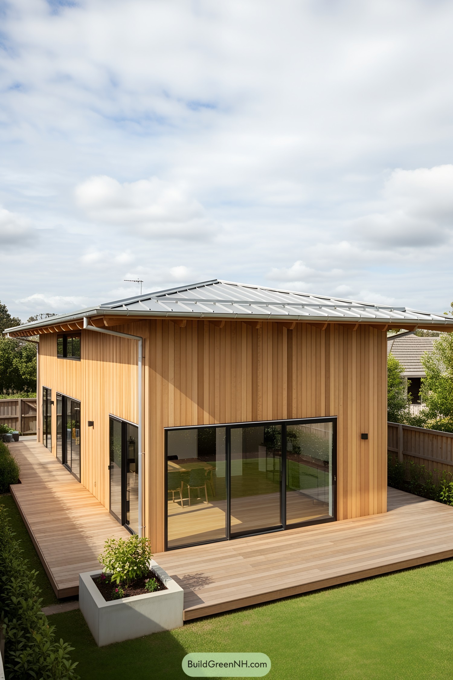 Modern Japanese-style house with wooden panels and a broad deck
