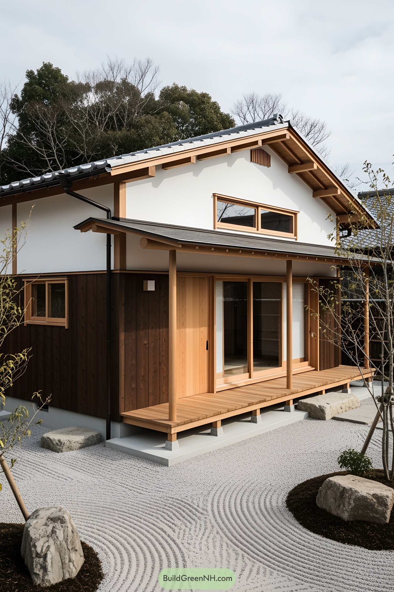 Japanese-style house with wooden accents and zen garden